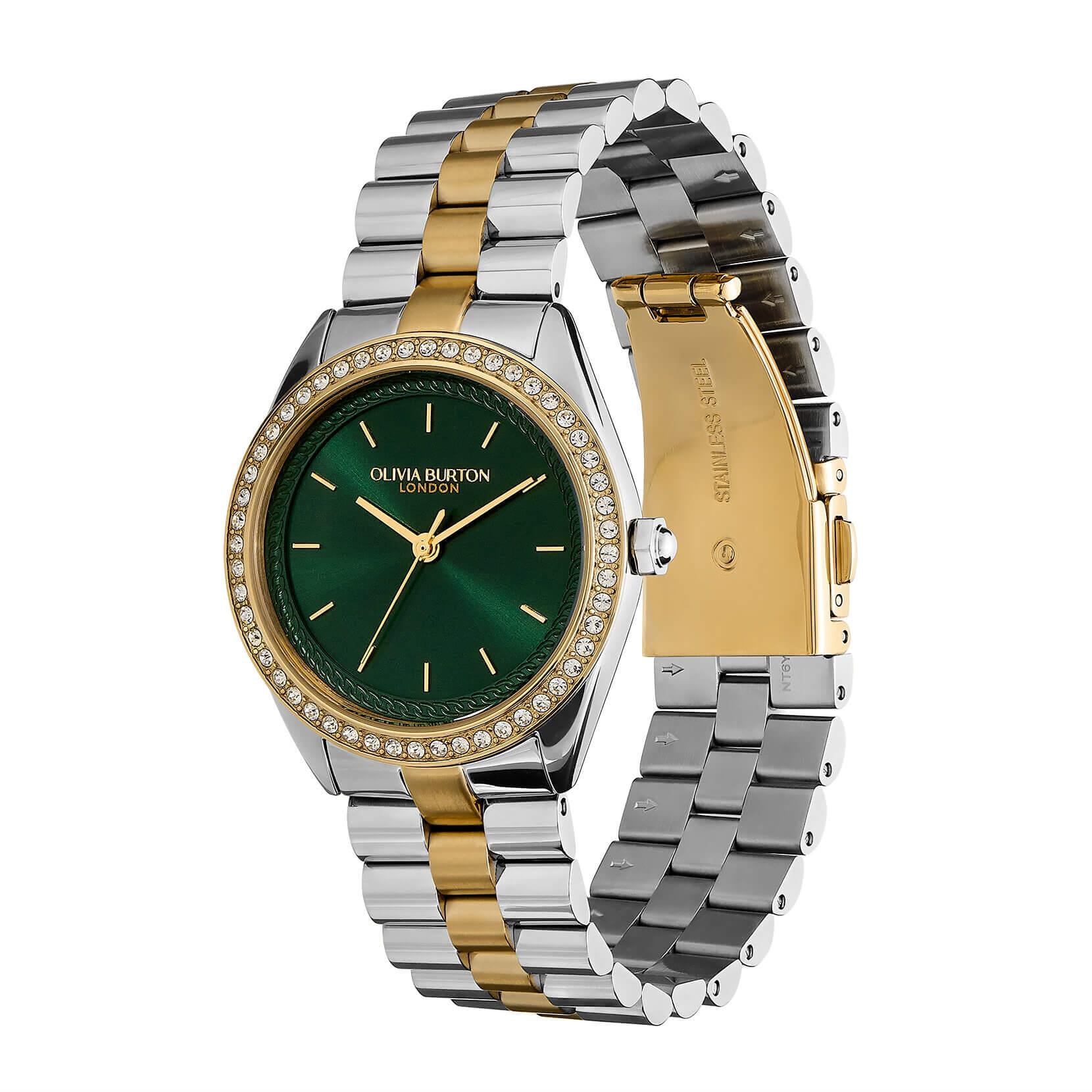 Bejewelled Forest Green Dial & Two Tone Bracelet Watch