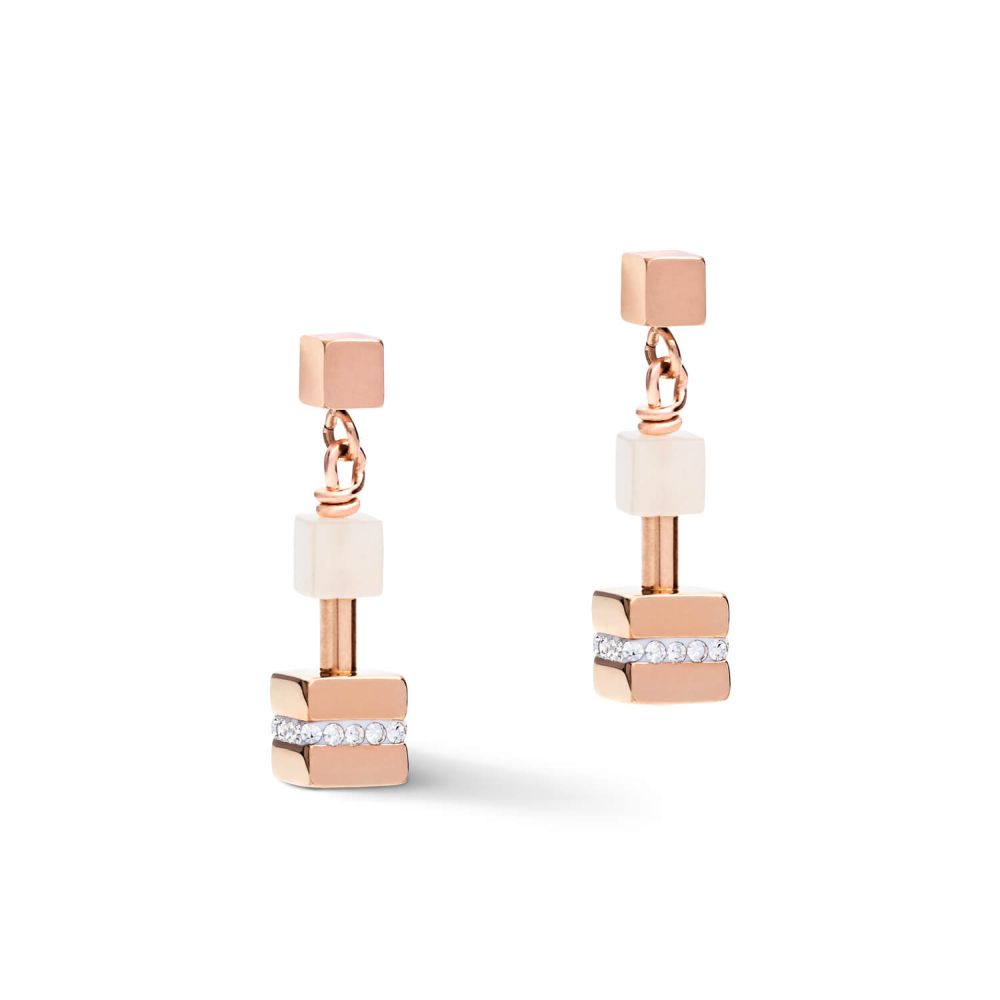 Rose-Beige Big Geo Cubes With Crystals Rose Gold Plated Earrings With Stickpin