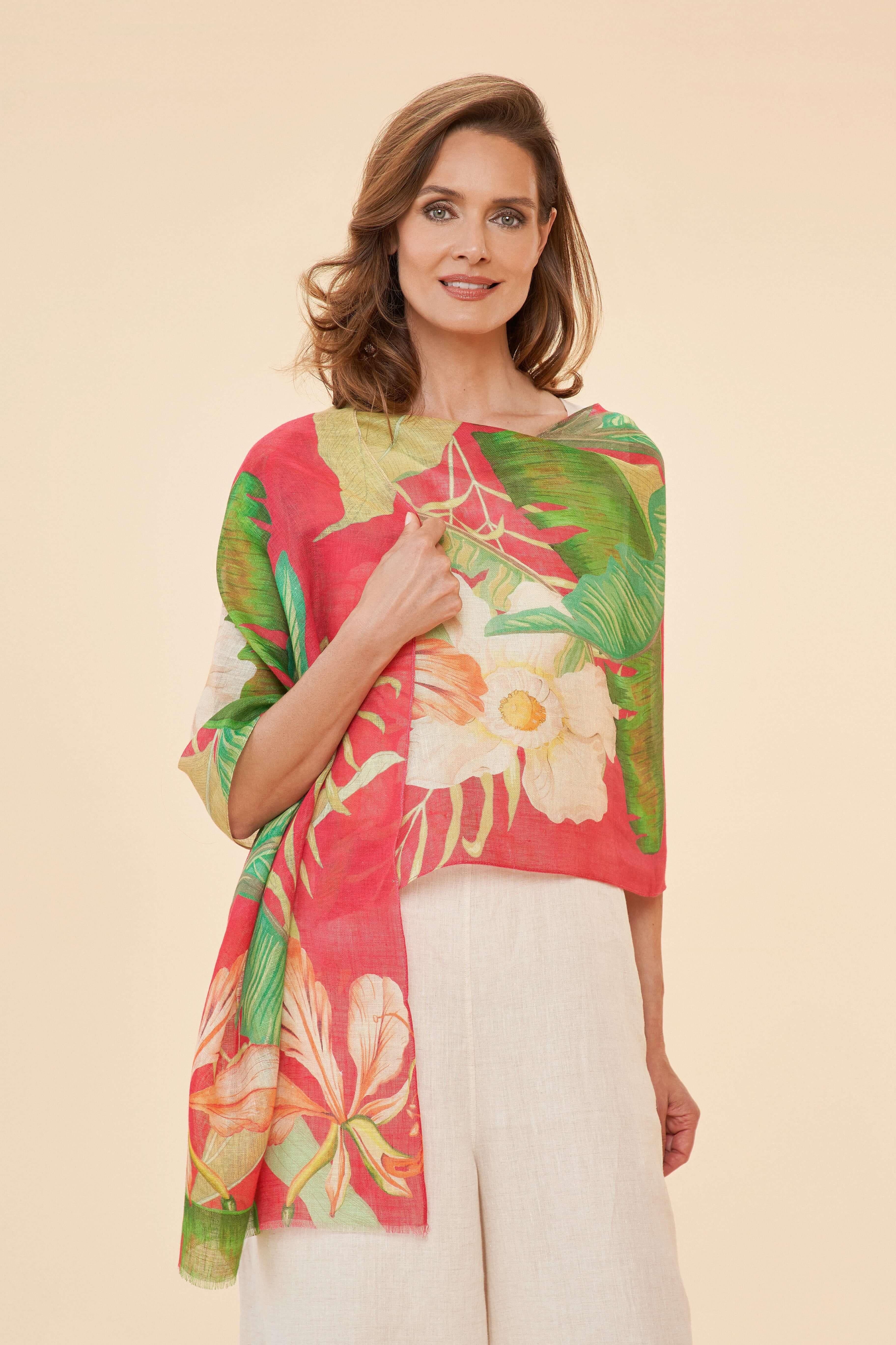 Delicate Tropical - Dark Rose Linen Print Scarf