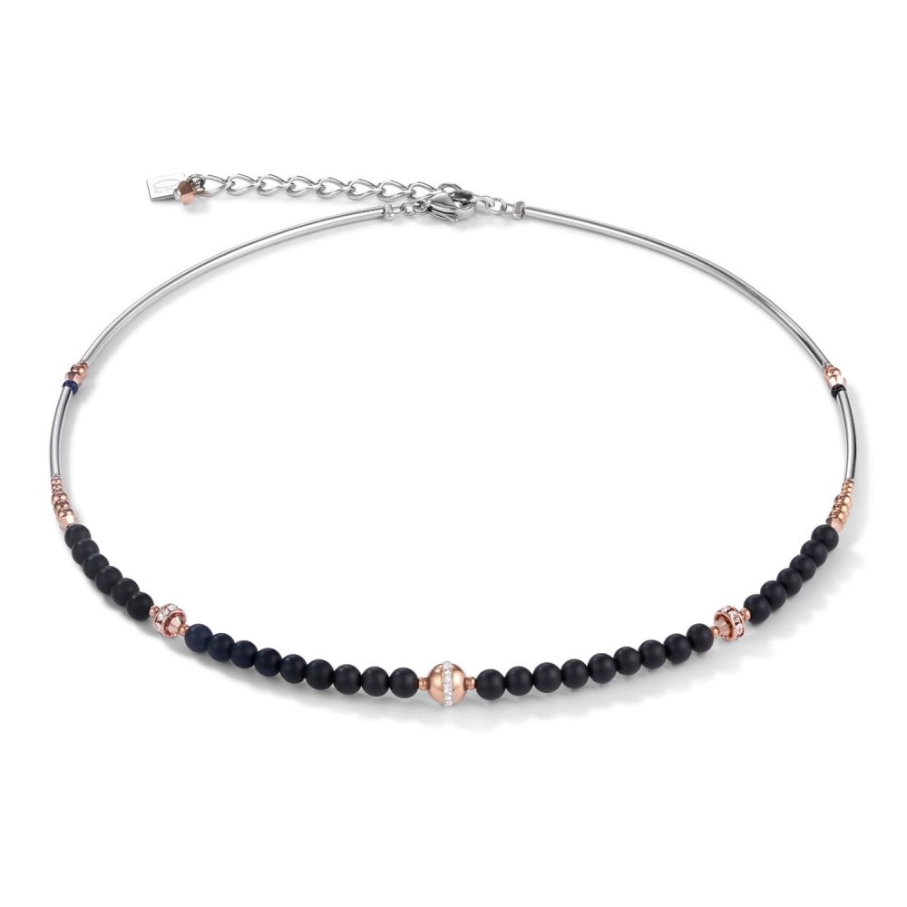 Stainless Steel Rose Gold & Onyx Black Ball Necklace