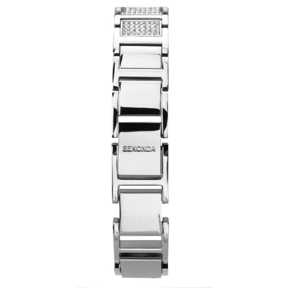 Silver Tone Bracelet & Case With Black Stone Set Dial Ladies Watch