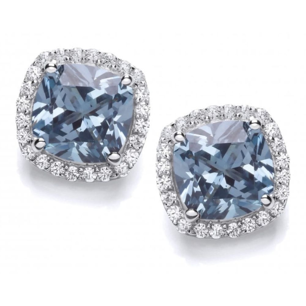 Silver & Aqua CZ Square Pillow Earrings