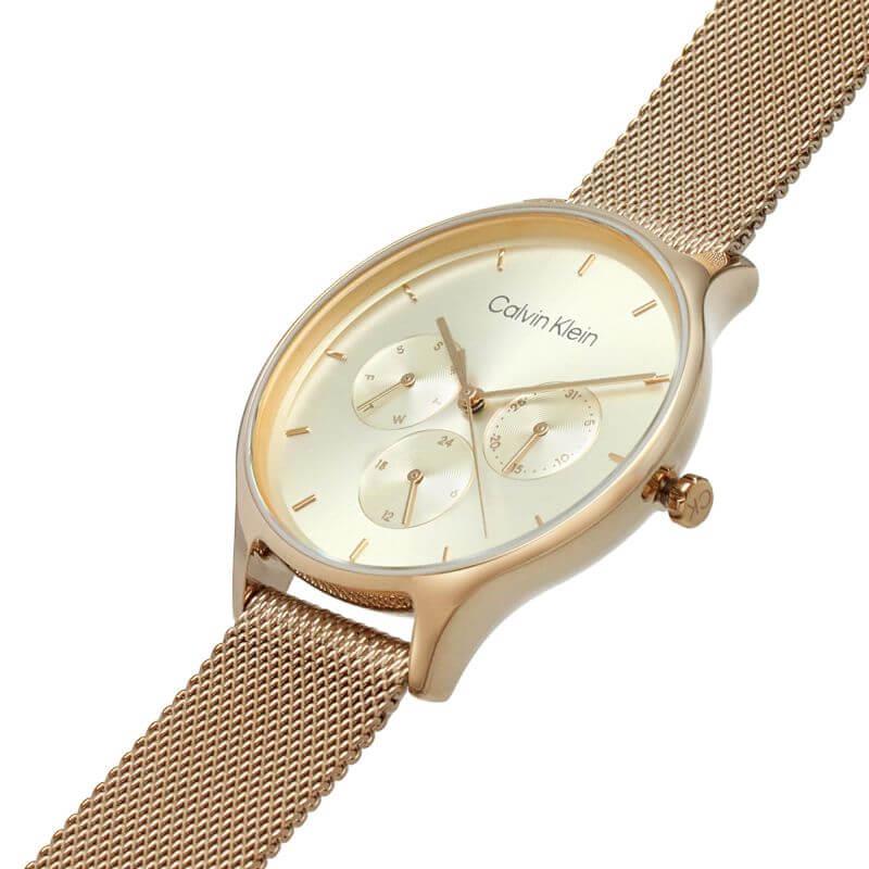 Multifunction Rose Gold Plated Day and Date Steel Mesh Bracelet Strap Watch