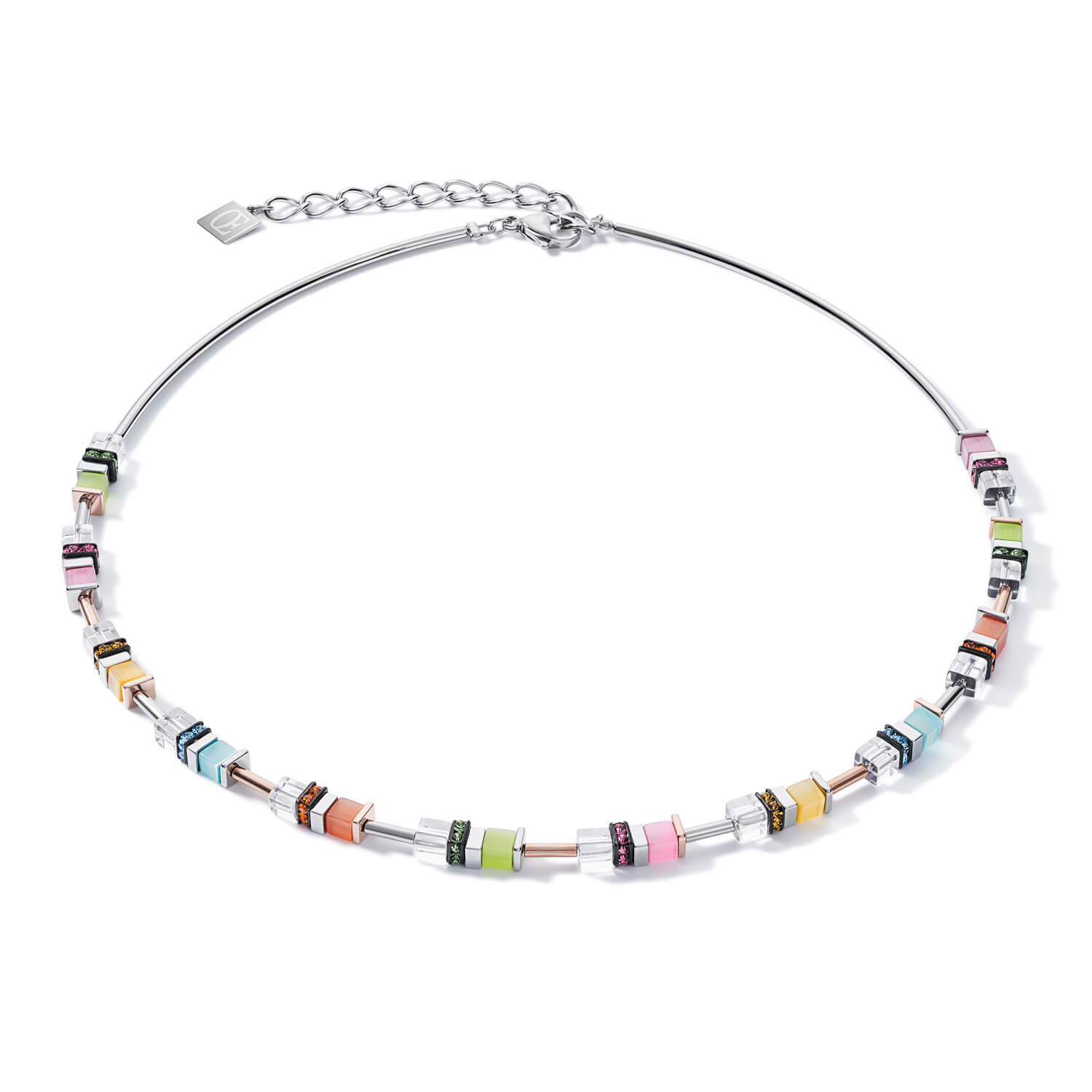 Rhinestone Multicolour Pastel-Silver Geo Cube Necklace
