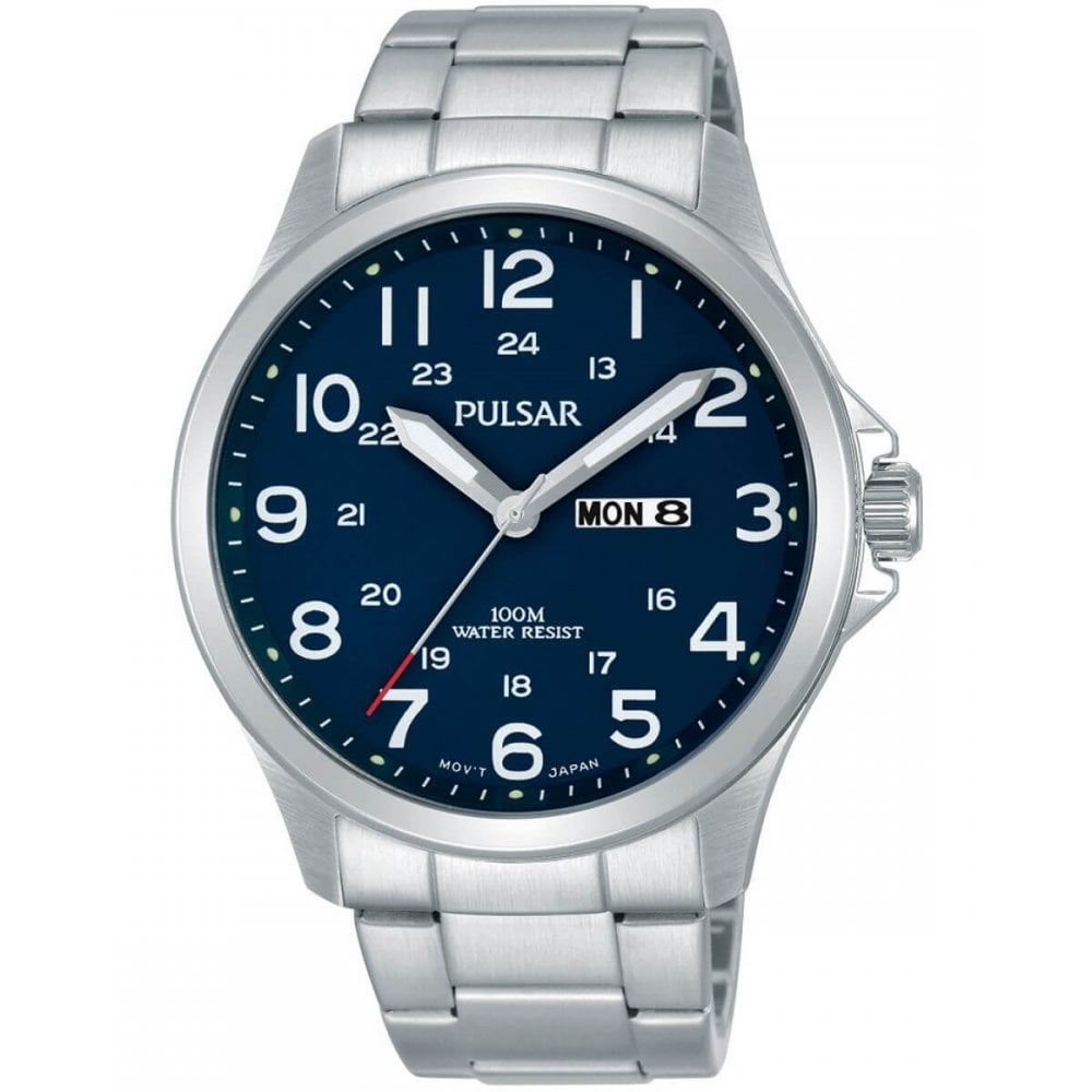 Stainless Steel Bracelet Strap & Case With Blue Day/Date Display Dial Gents Watch