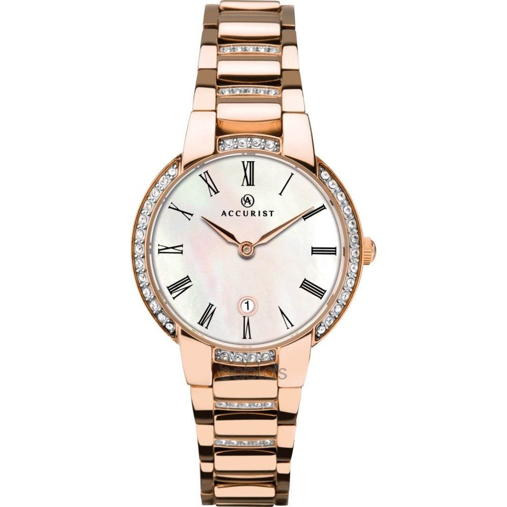 Rose Gold Plated Stone Set Bracelet Strap & Case With MOP Dial Signature Ladies Watch