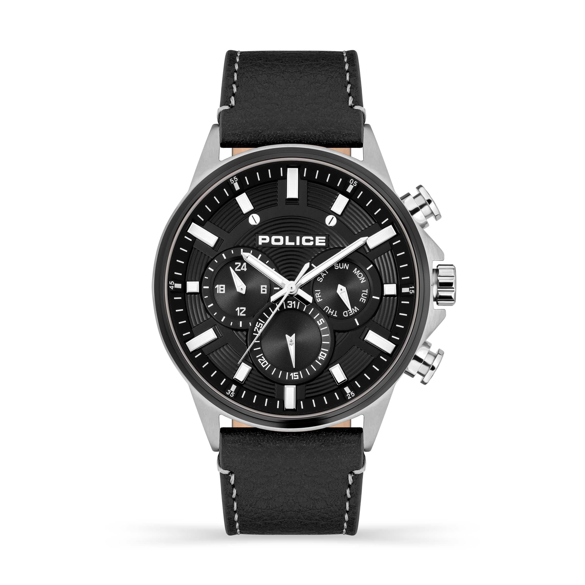 KISMET SS Multifunction Dial With Black Leather Strap Watch