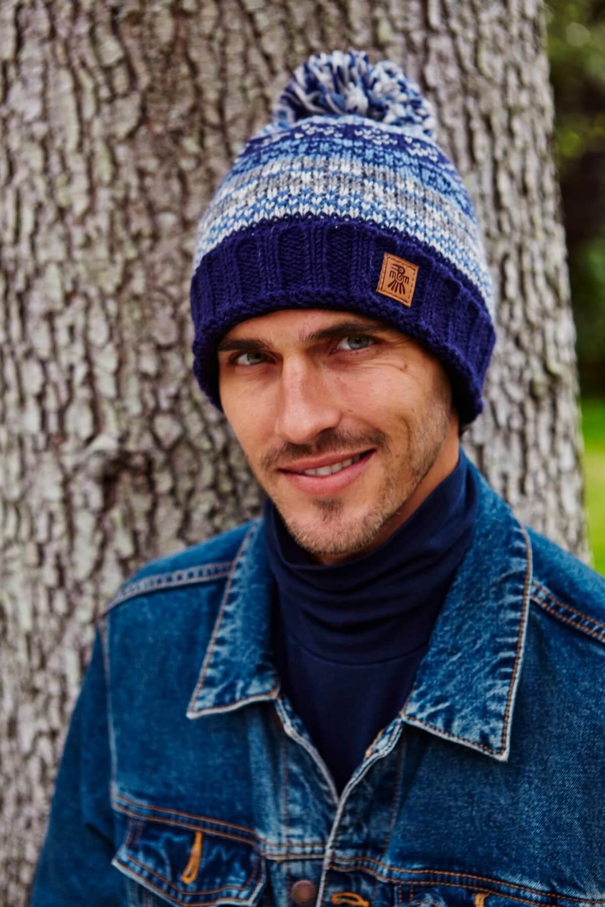 Mens Classic Fairisle Bobble Beanie Navy