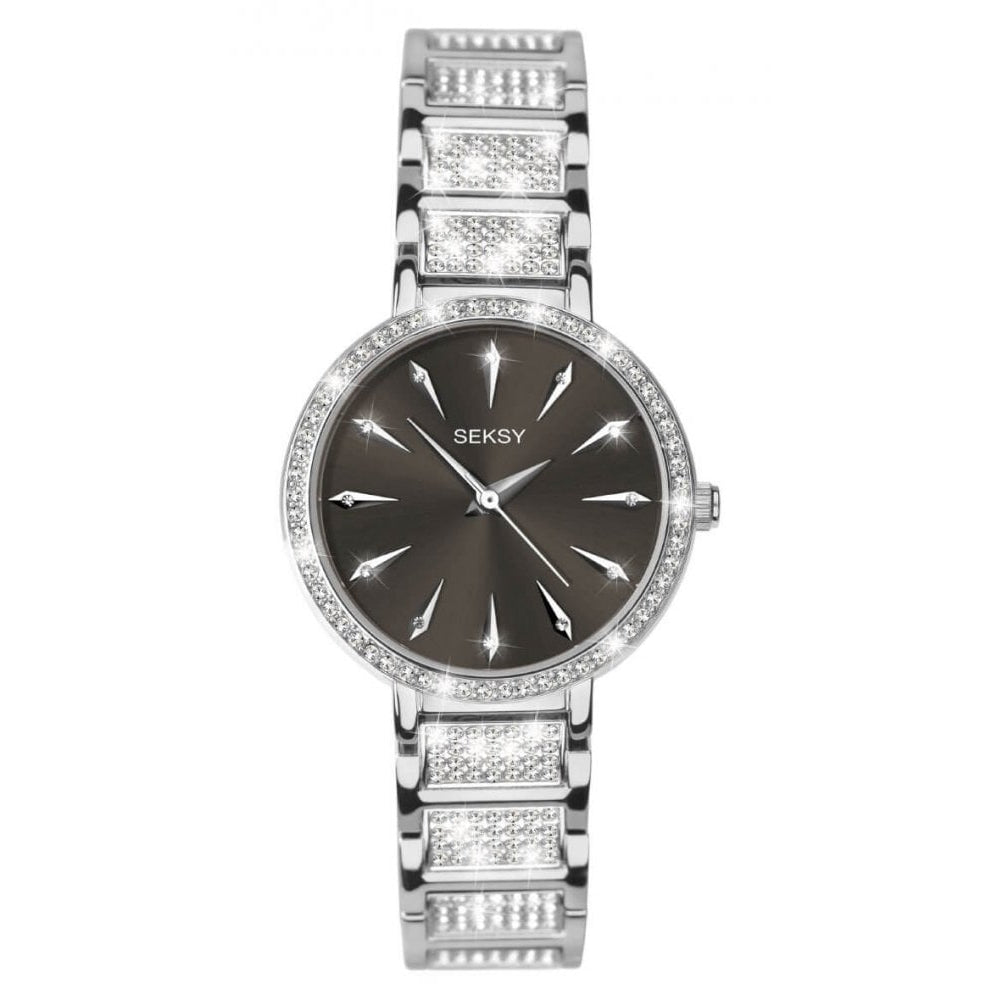 Silver Tone Bracelet & Case With Black Stone Set Dial Ladies Watch