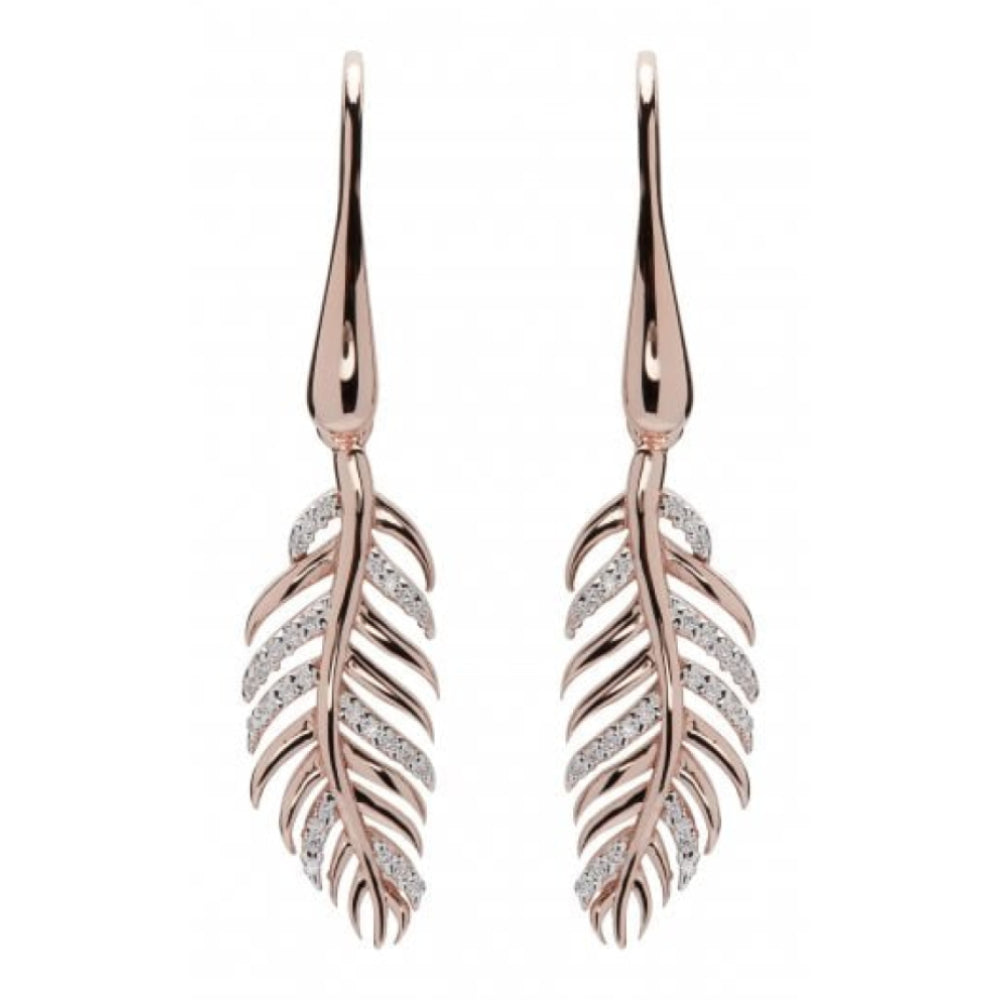 Sterling Silver 925 Feather Earrings with Rose Gold Plating and CZ