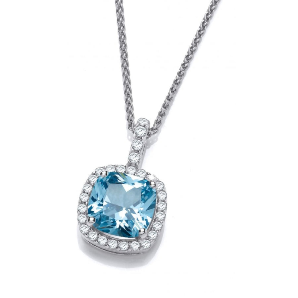 CZ Aqua & Silver Square Pillow Pendant With Chain