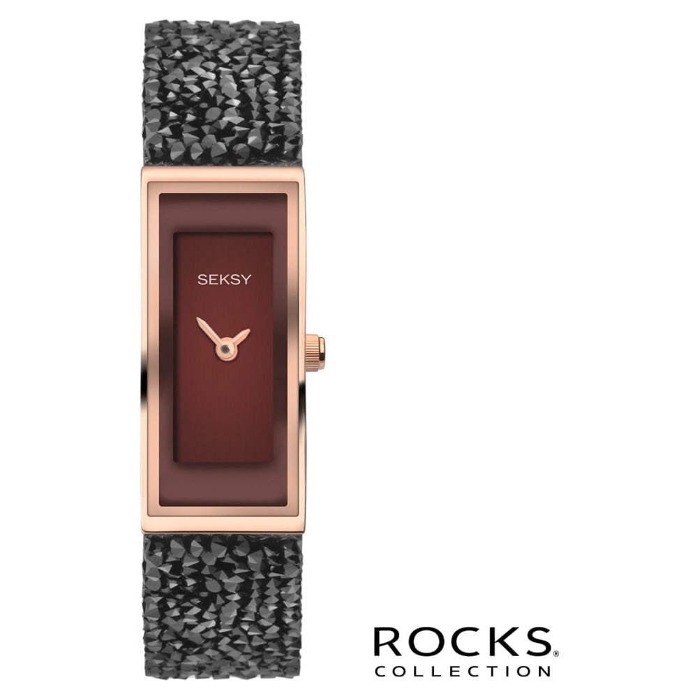 Rose Gold Ion Plated Case & Black Leather Fine Rocks Setting Ladies Watch