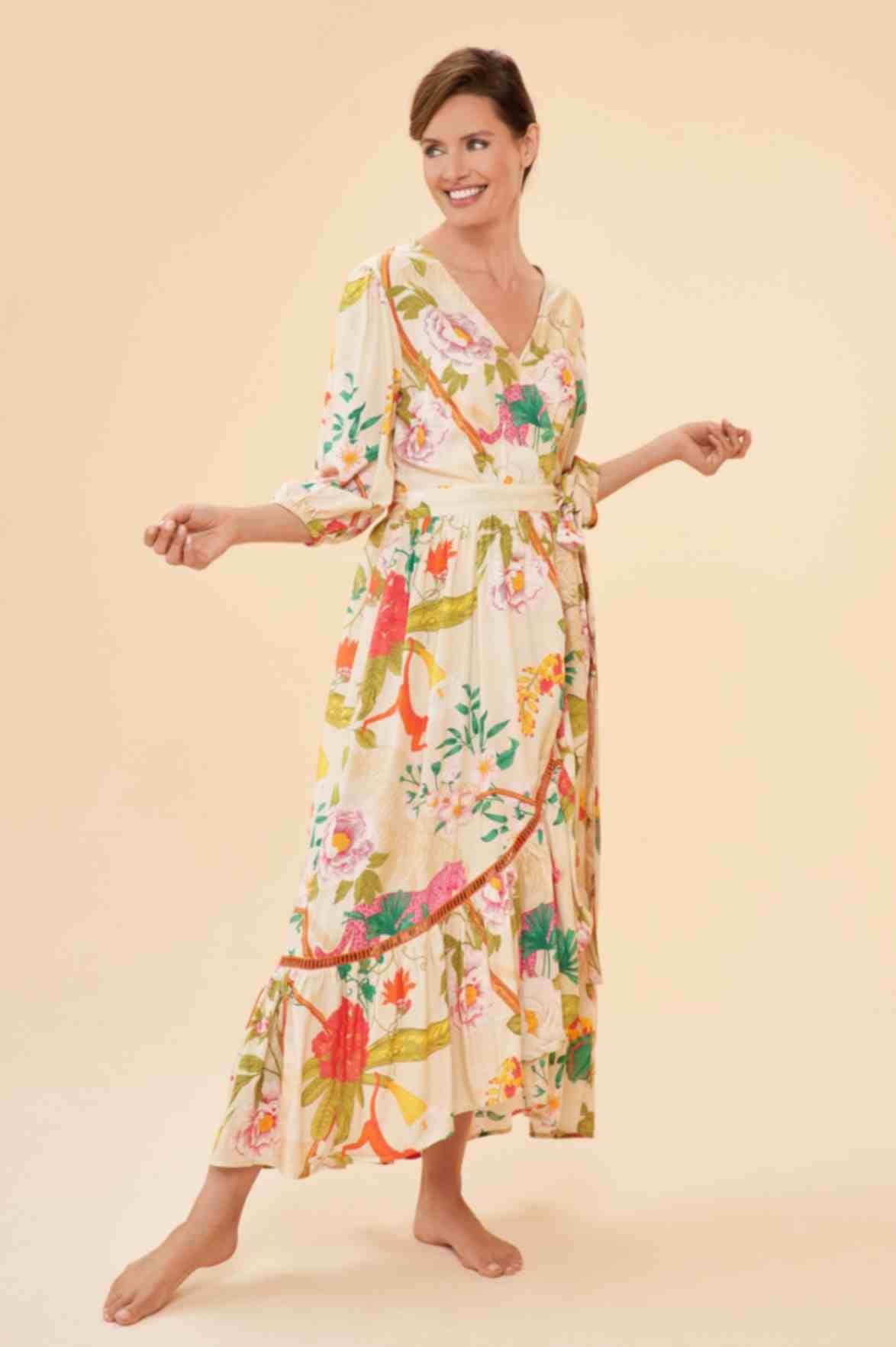 Tropical Flora & Fauna Wrap Dress - Coconut