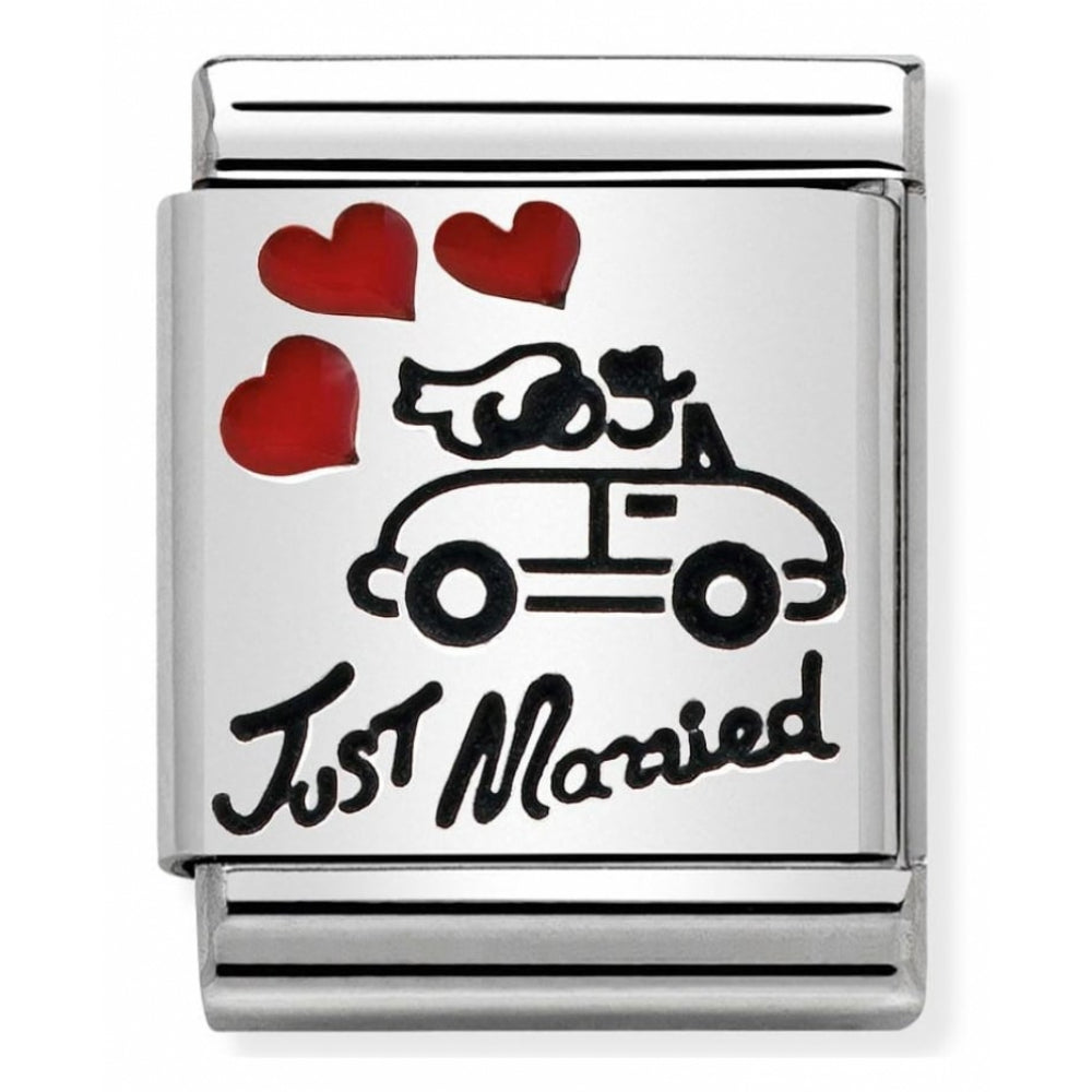 Composable Oxidised Just Married With A Car Stainless Steel, Enamel And Sterling Silver Big Charm