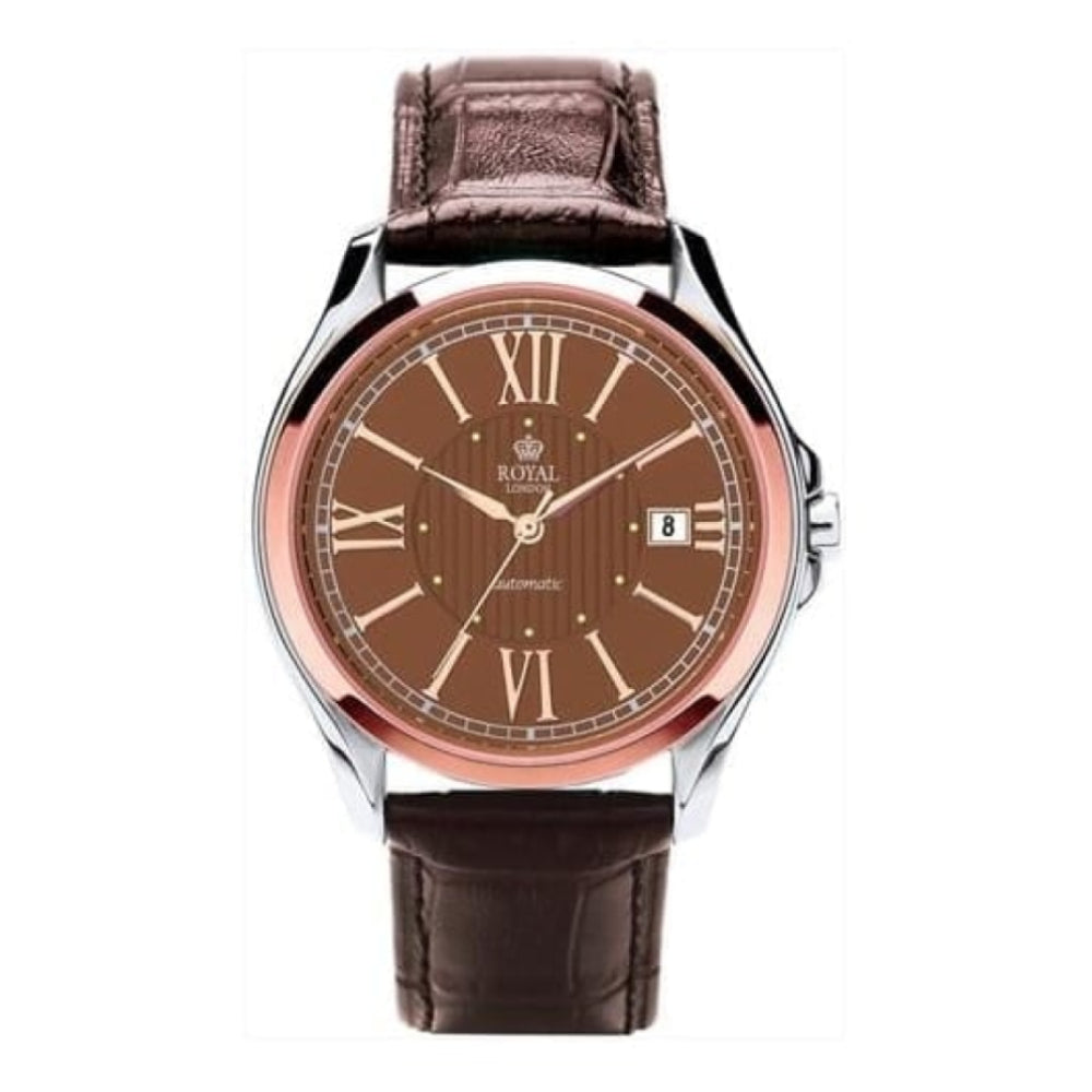 Mens Mechanical Watch with Date Display Rose Gold with Brown face