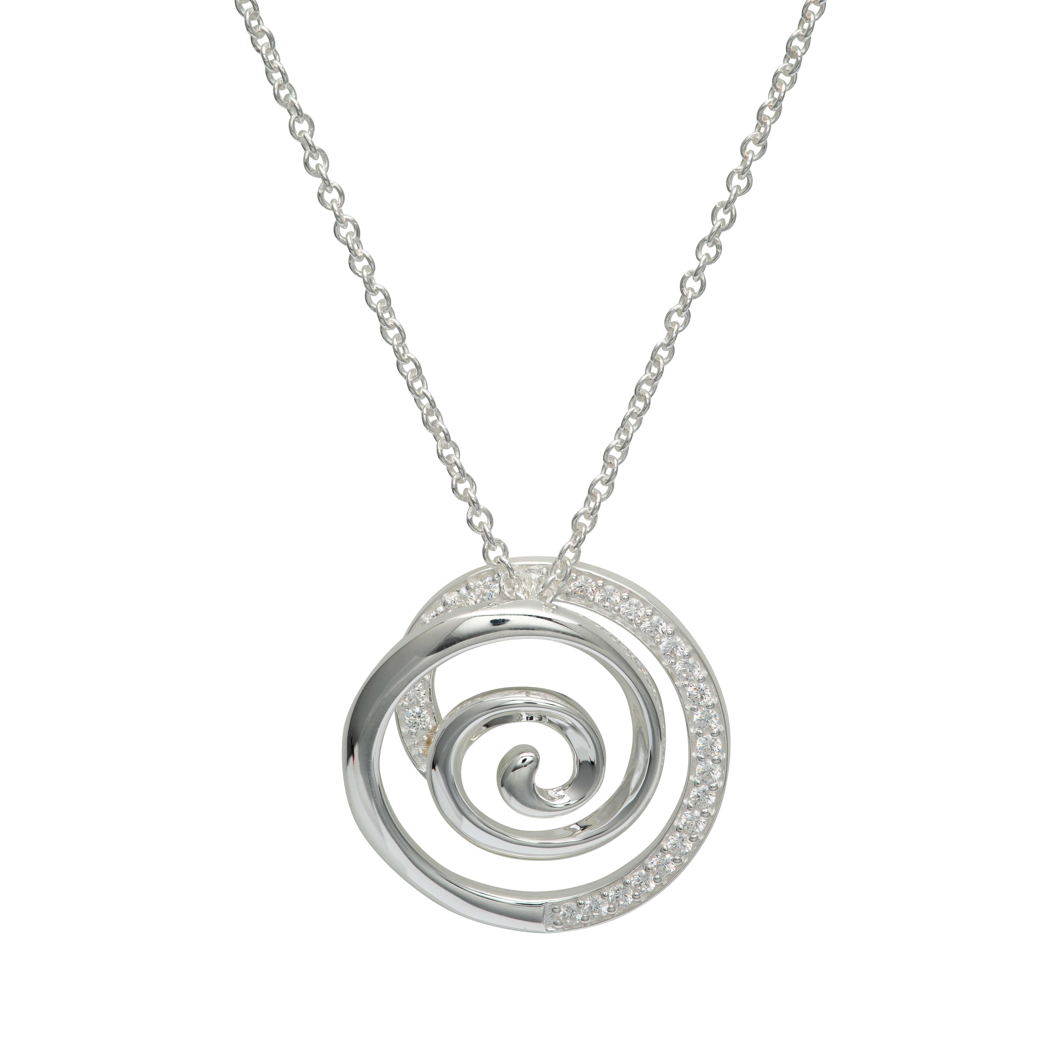Sterling Silver 925 Swirl Pendant With CZ Necklace