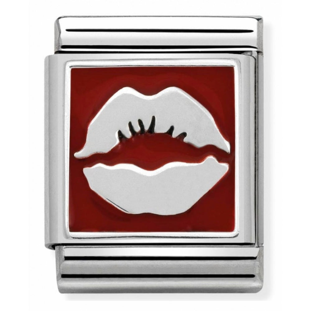 Composable Oxidised Red Kiss Stainless Steel, Enamel And Sterling Silver Big Charm