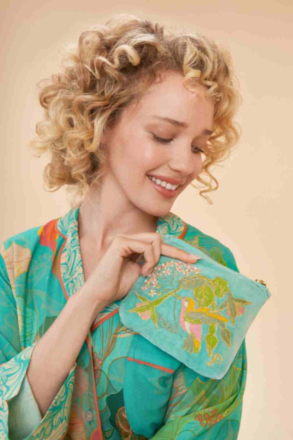 Velvet Mini Pouch - Hummingbird - Aqua