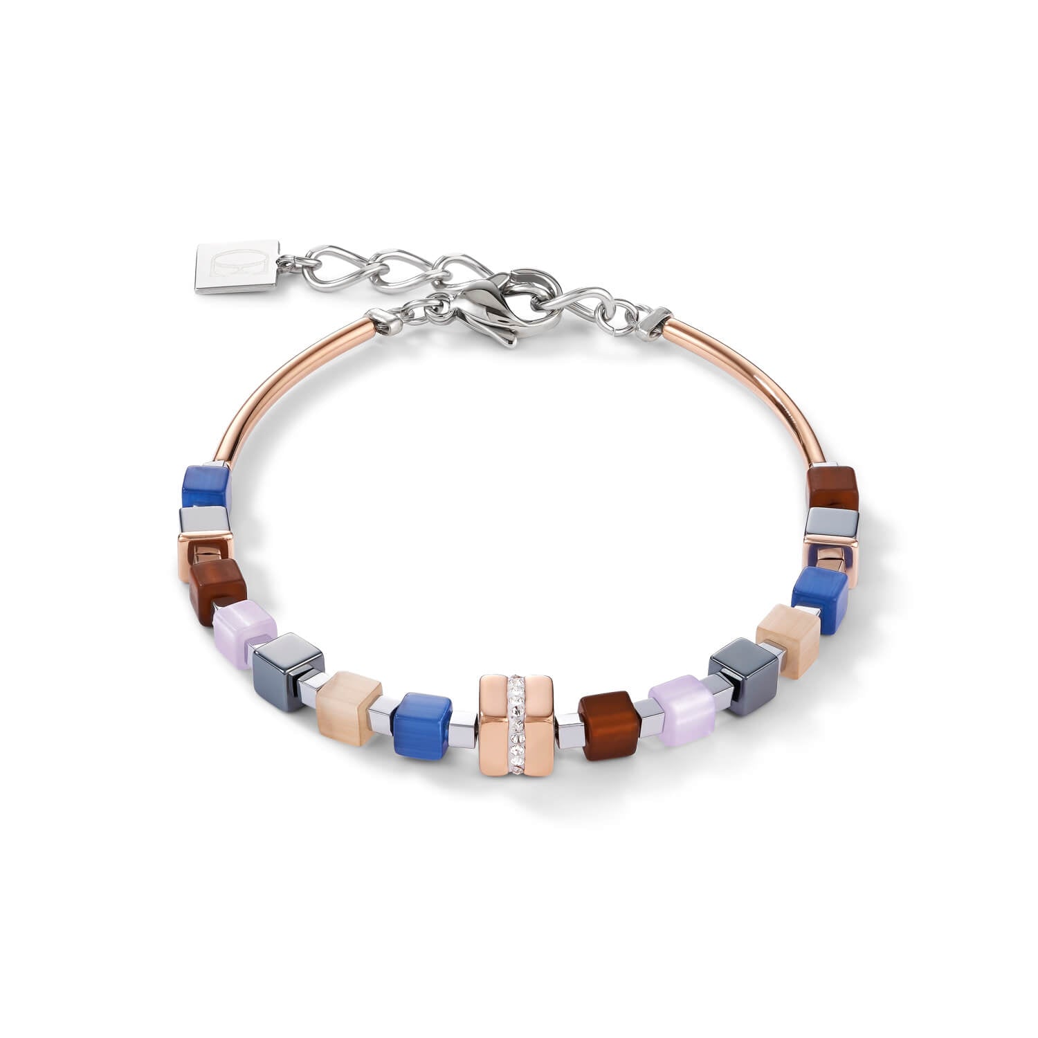 Stainless Steel Rose Gold & Crystals Pave Blue-Brown Geo Cube Bracelet