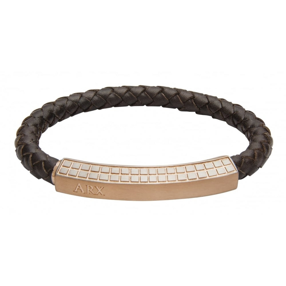 Brown Leather Adjustable Gents Bracelet With Rose Gold Finish & Squared Pattern