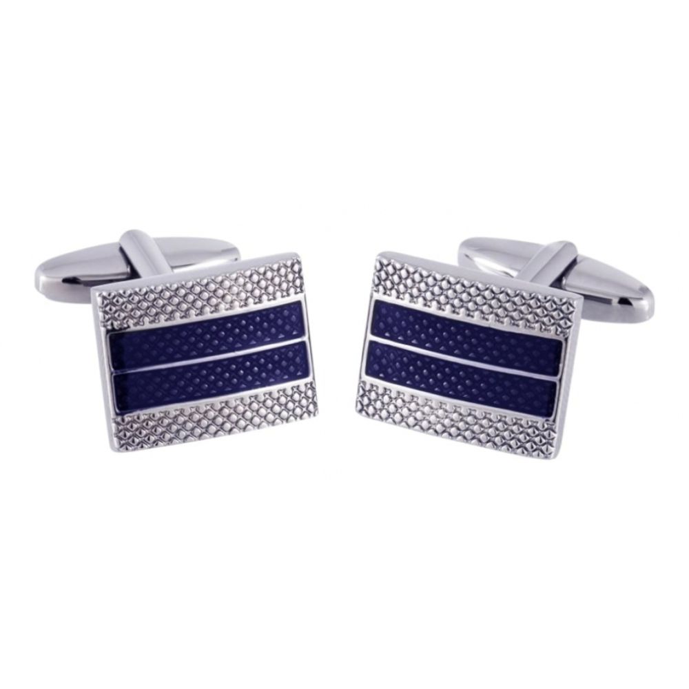 Rectangular Silver Tone & Blue Cufflink With Diagonal Lines On Edge