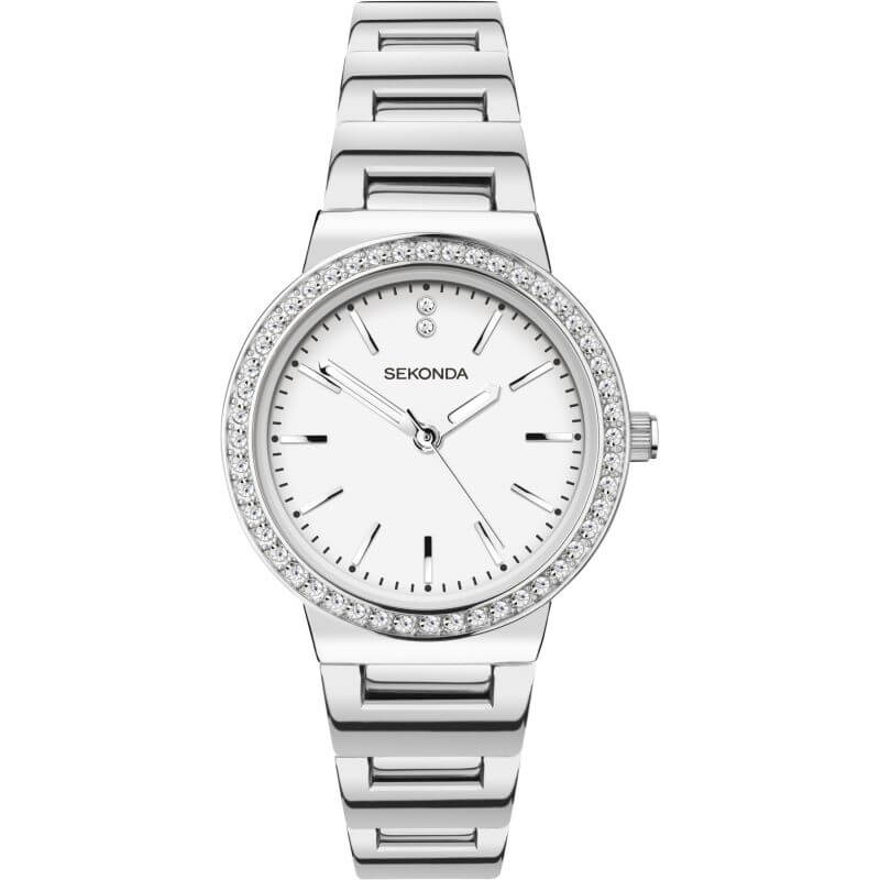 Stainless Steel Stone Set White Dial & Bracelet Strap Ladies Watch