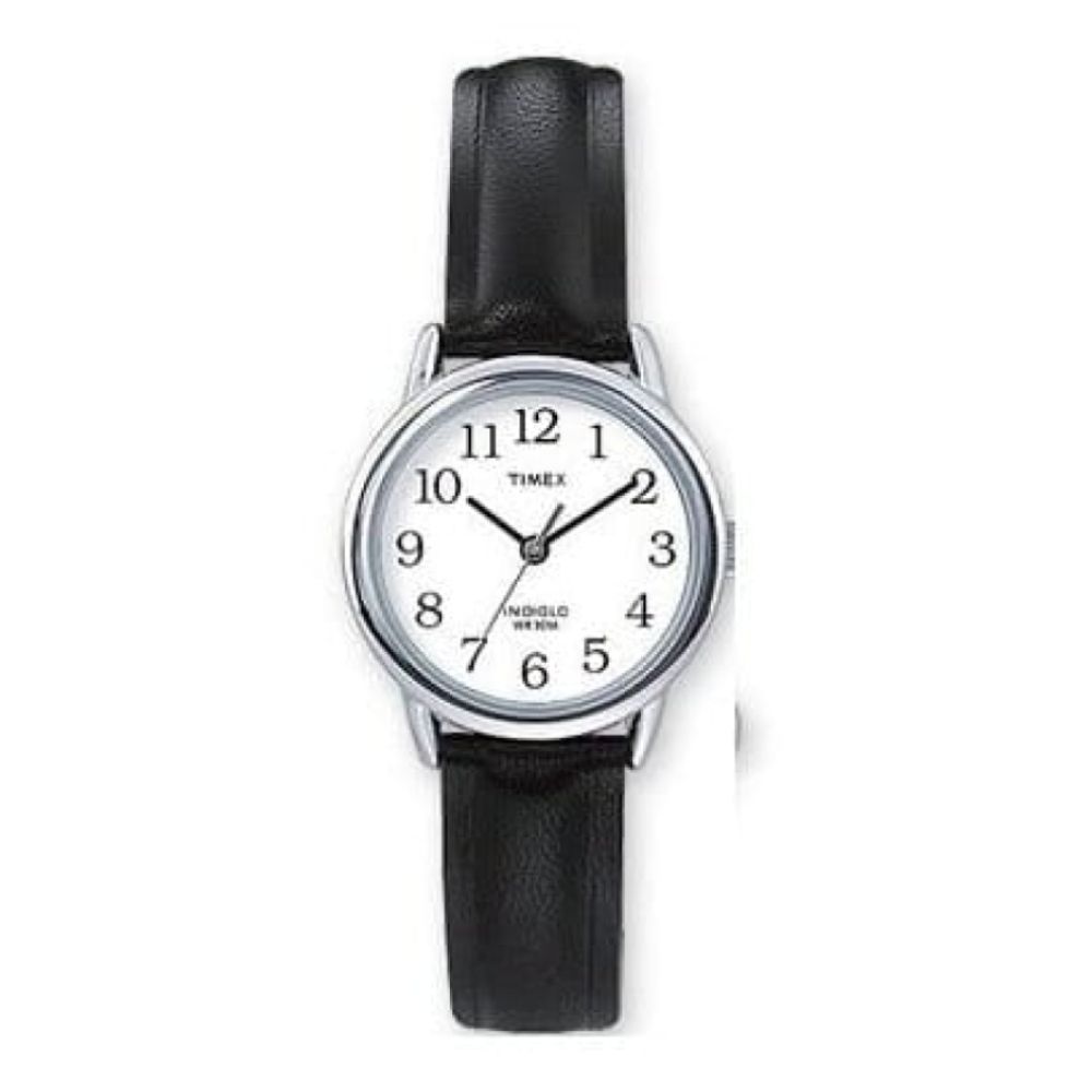 Ladies Polished Stainless Steel Black Leather Wristwatch