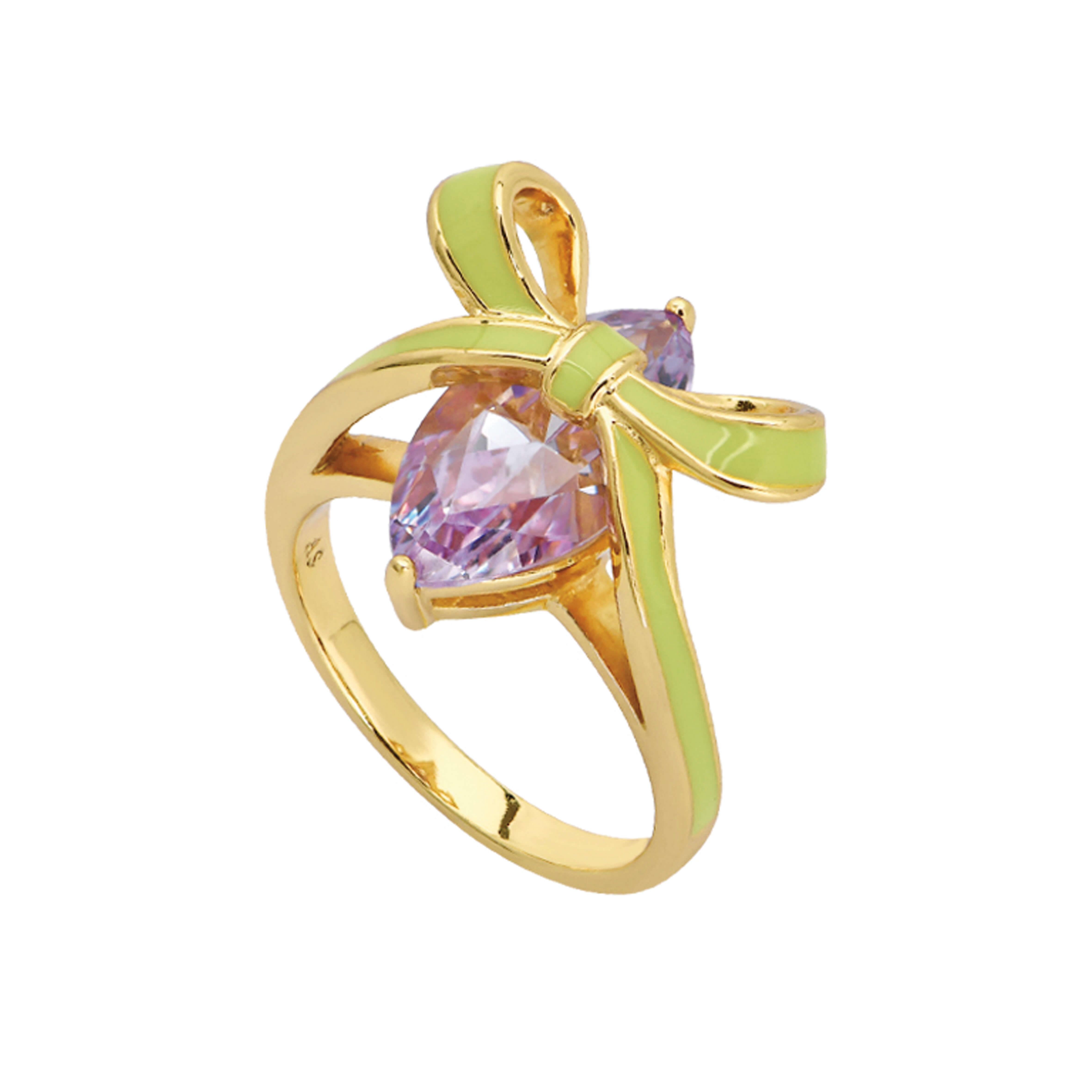Amelia Bow Ring In Lime Enamel, Lilac CZ & Gold - M