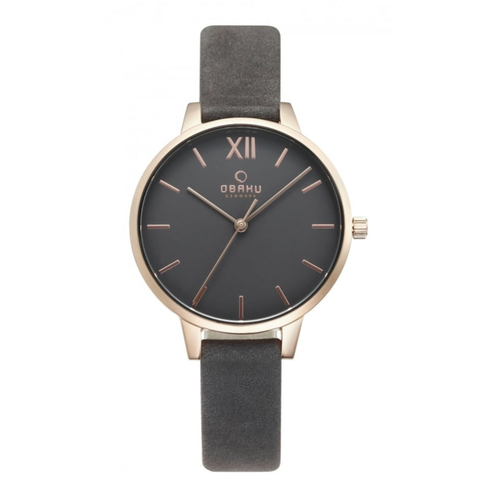 Rose Gold Plated Black Dial & Leather Strap Ladies Watch