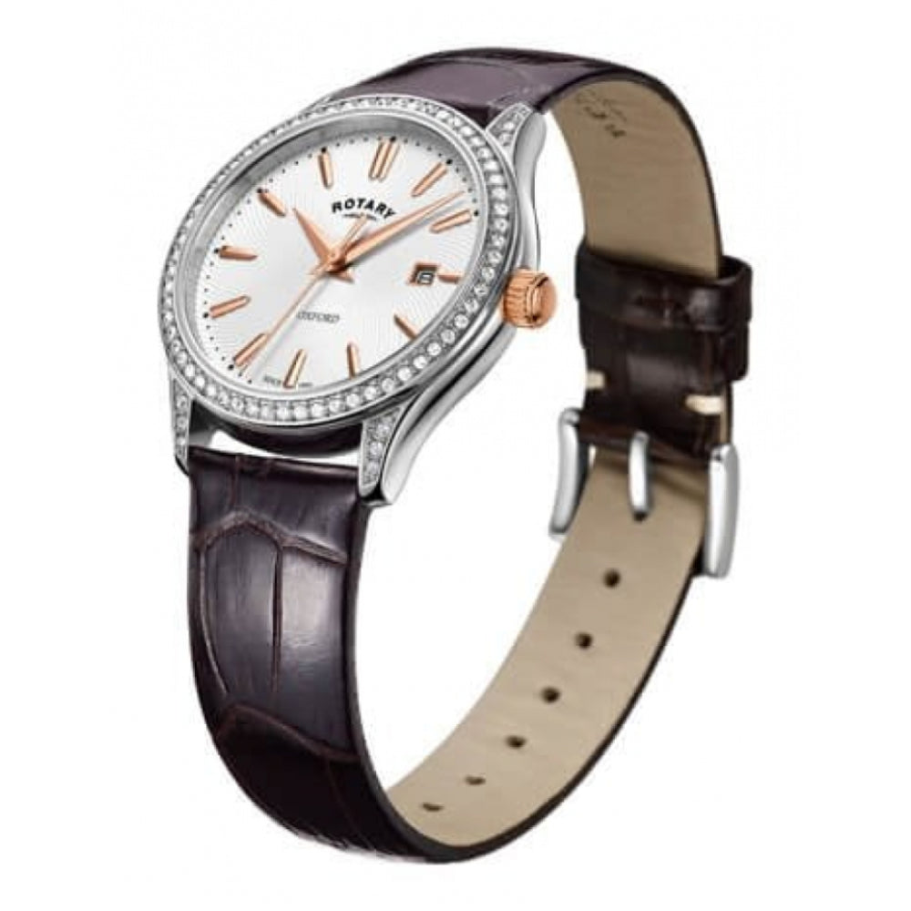 Stainless Steel Case With Stones Around White Dial & Brown Leather Strap Ladies Oxford Watch