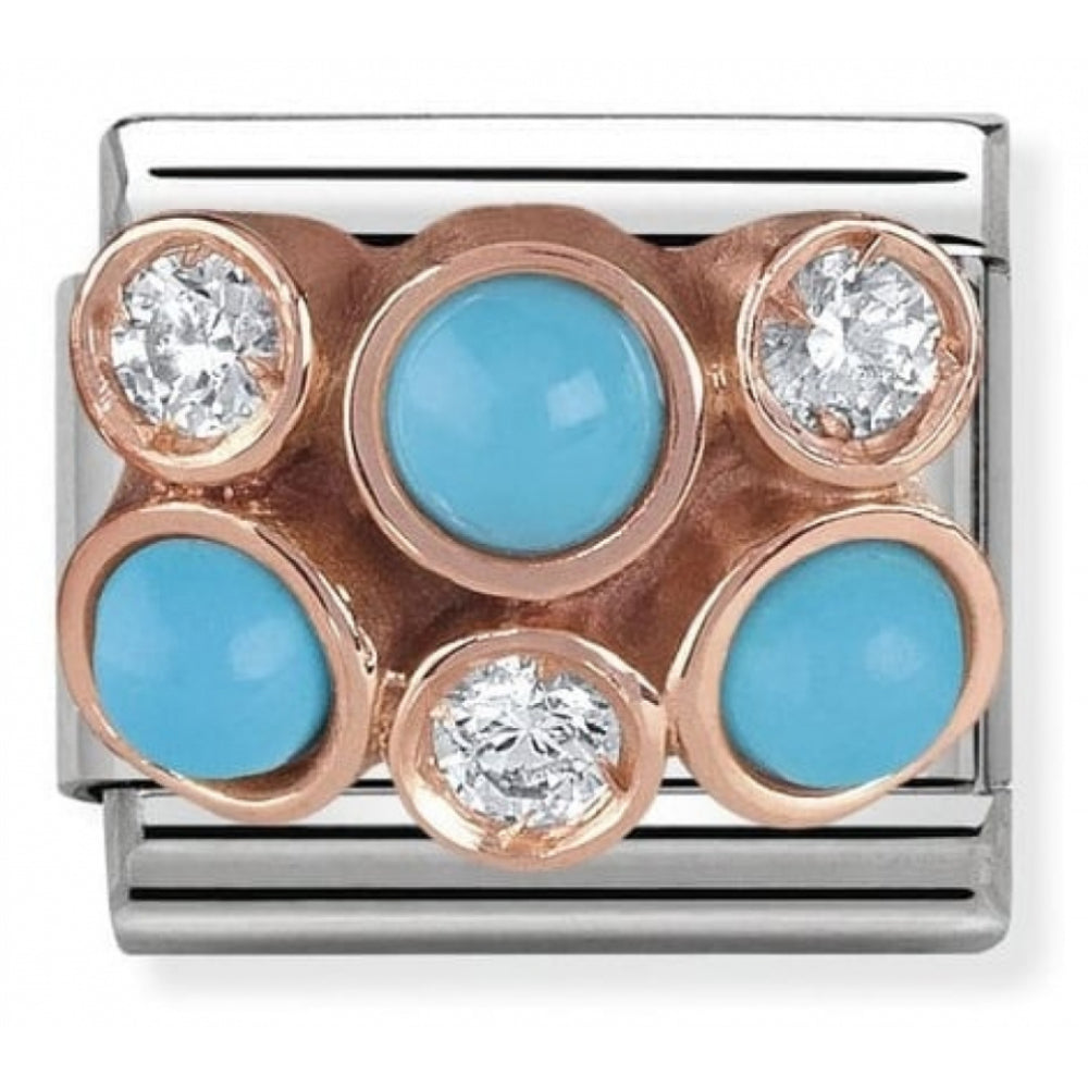 Classic Cluster With Turquoise In Stainless Steel, Stones, Zirconia & 9k Rose Gold Cluster Charm