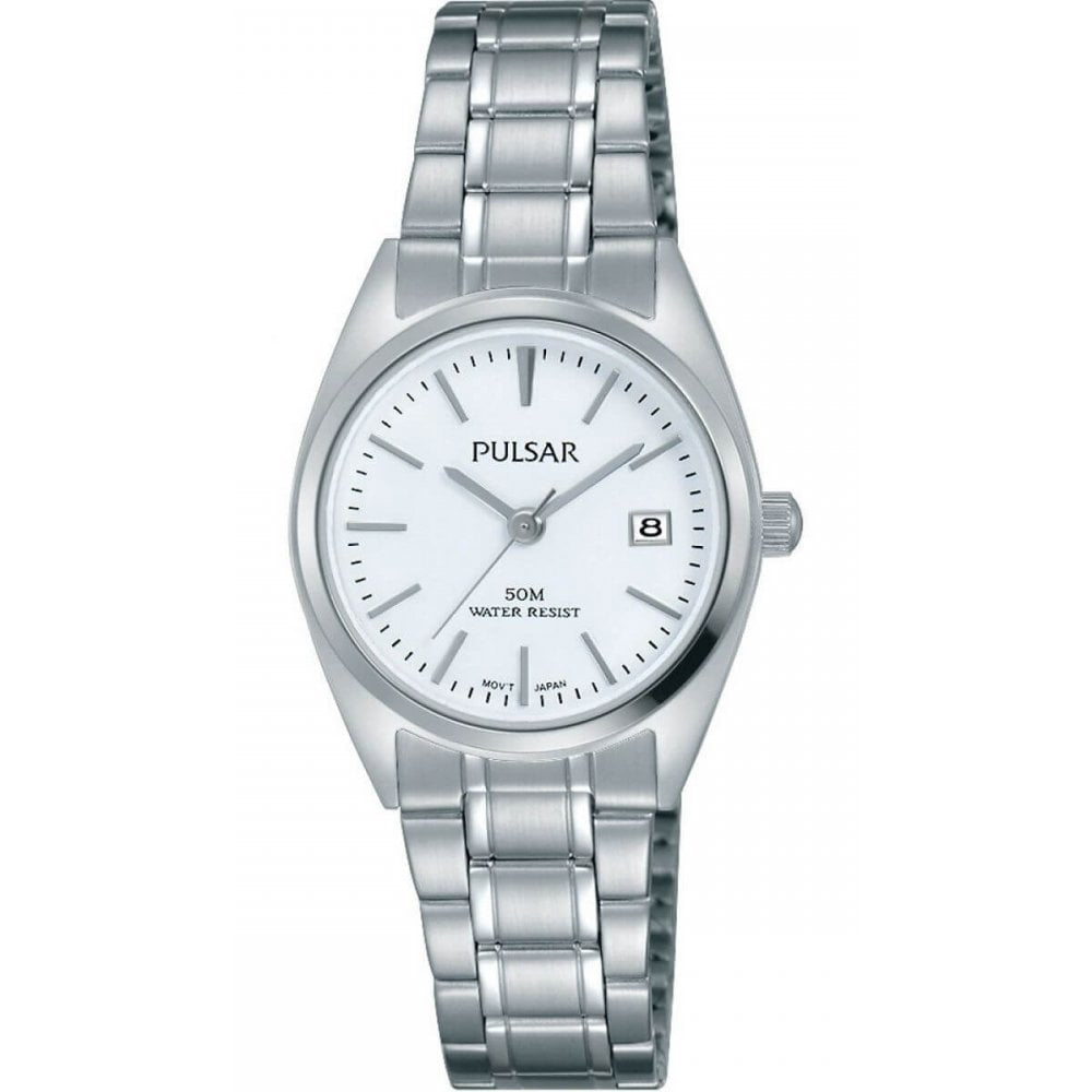 Stainless Steel Bracelet Strap With White Date Display Dial & Steel Case Ladies Watch