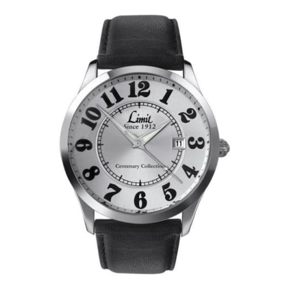 Black Leather Silver Date Display Dial Watch