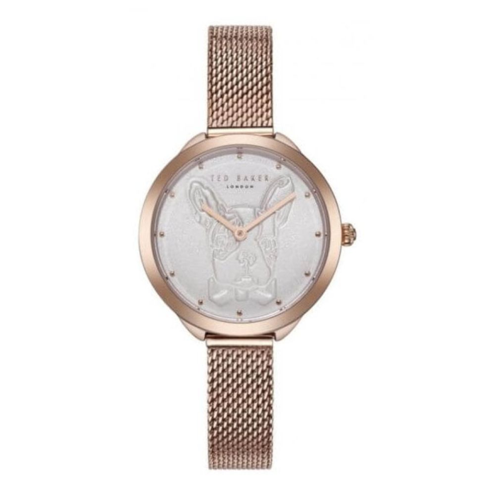 Rose Gold Plated Case With White Dog Print Dial & Mesh Strap Ladies Watch