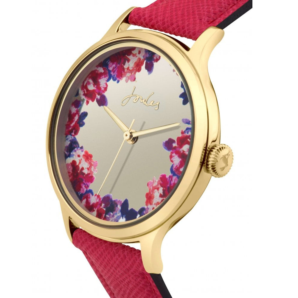 Raspberry Saffiano Leather Strap Gold Mirror Dial Floral Print Ladies Watch