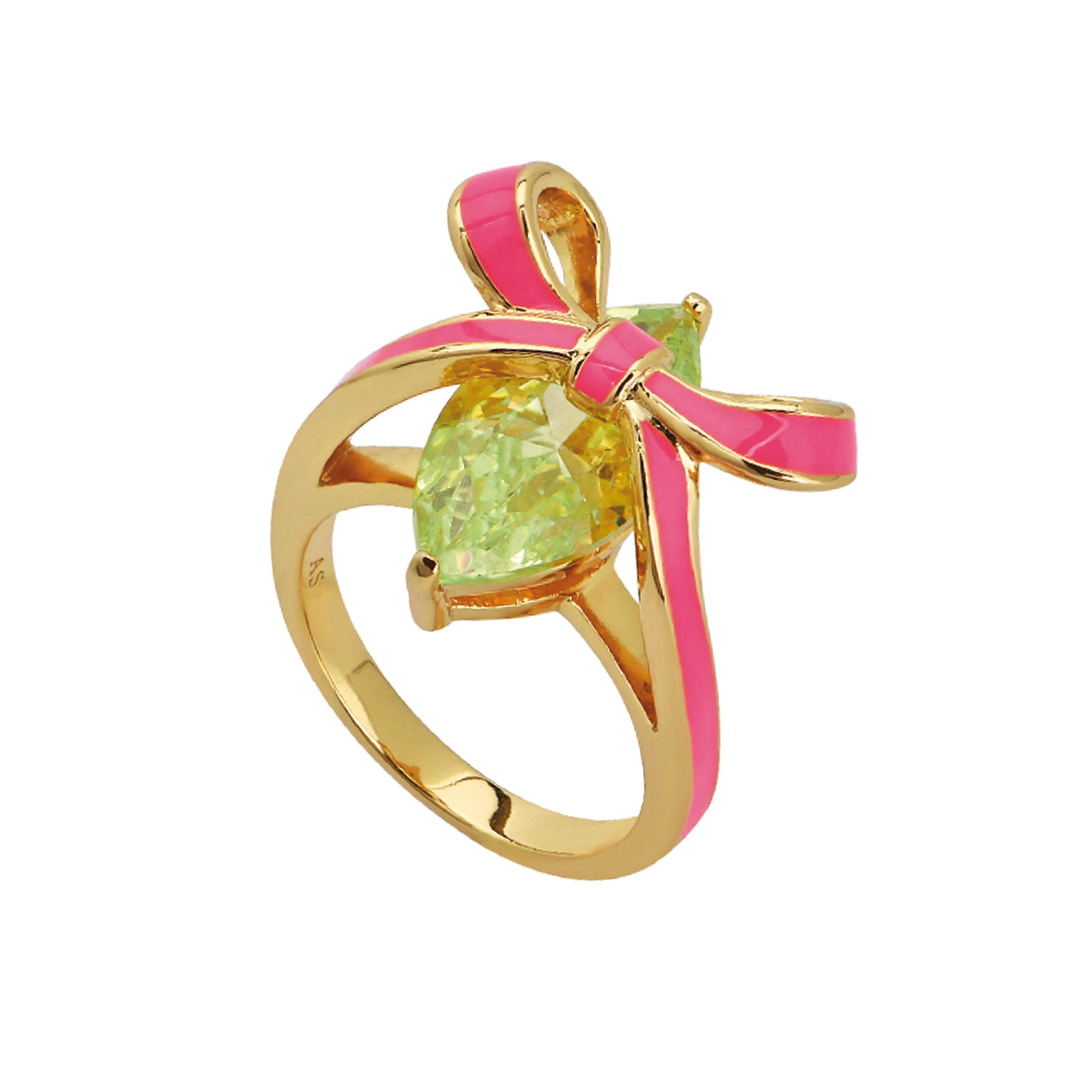 Amelia Bow Ring In Bright Pink Enamel, Lime CZ & Gold - M