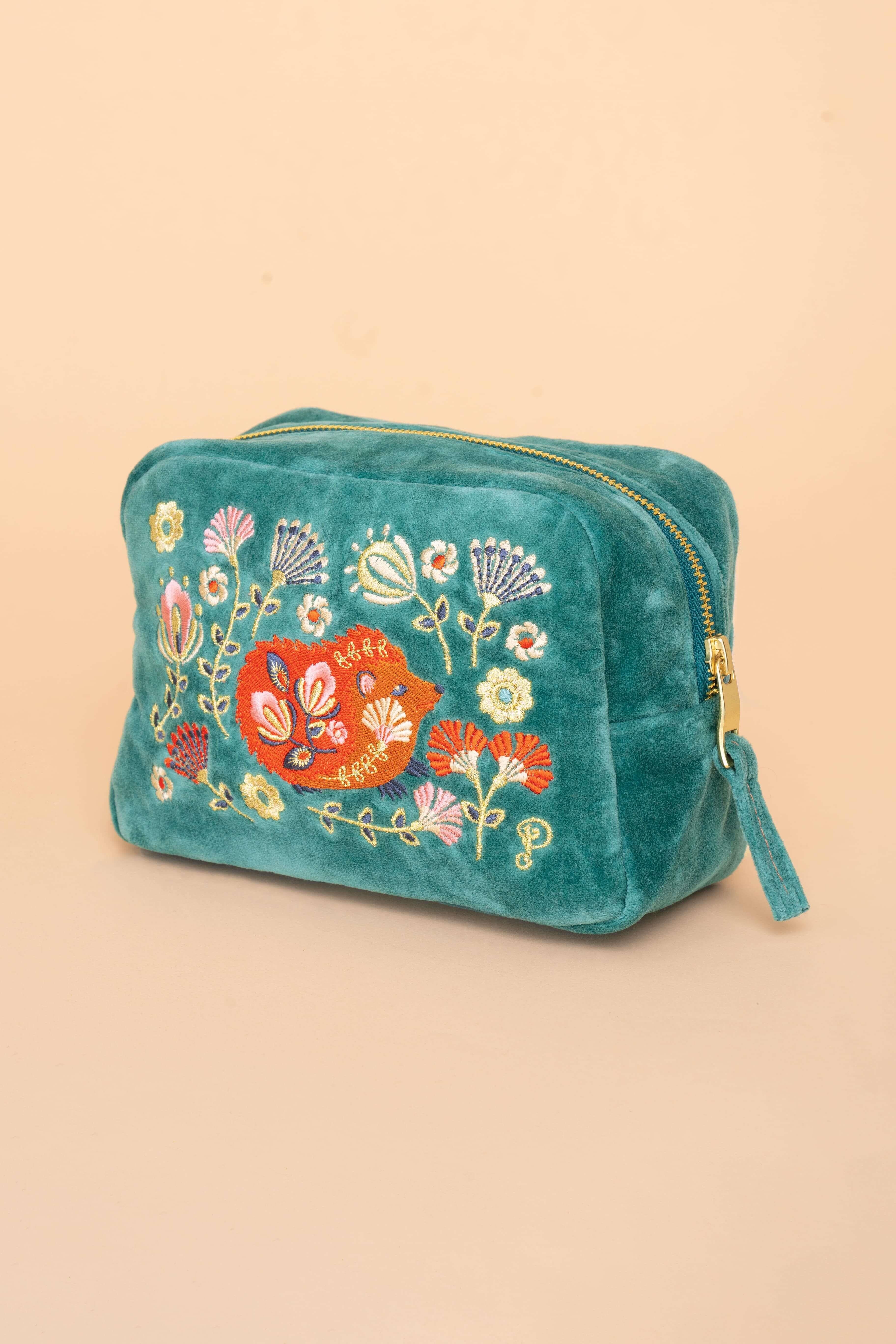 Folk Art Hedgehog Velvet Make-Up Bag - Aqua