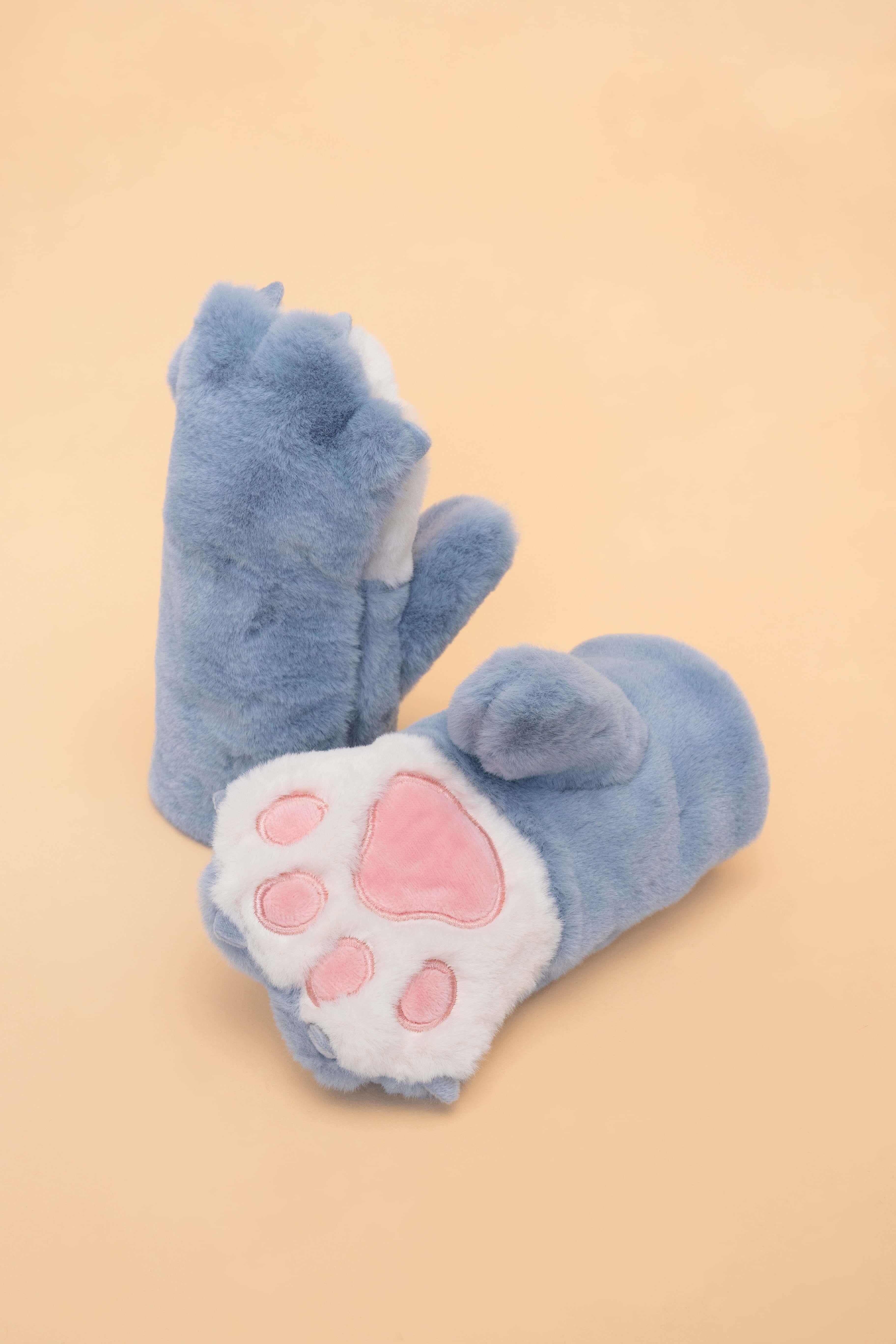 Kids Fluffy Mittens - Bear Paw Blue