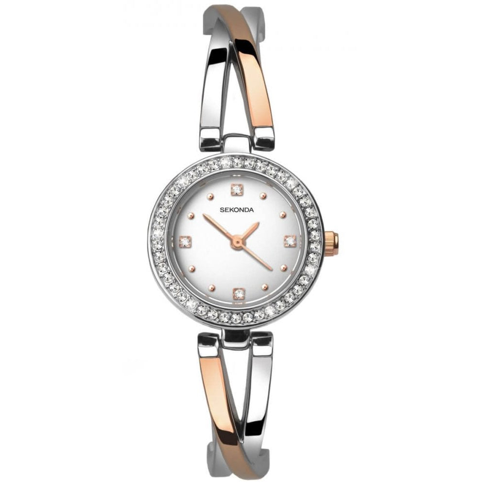 Stainless Steel Stone Set Case With Silver Dial & Two Tone Bracelet Strap Ladies Watch