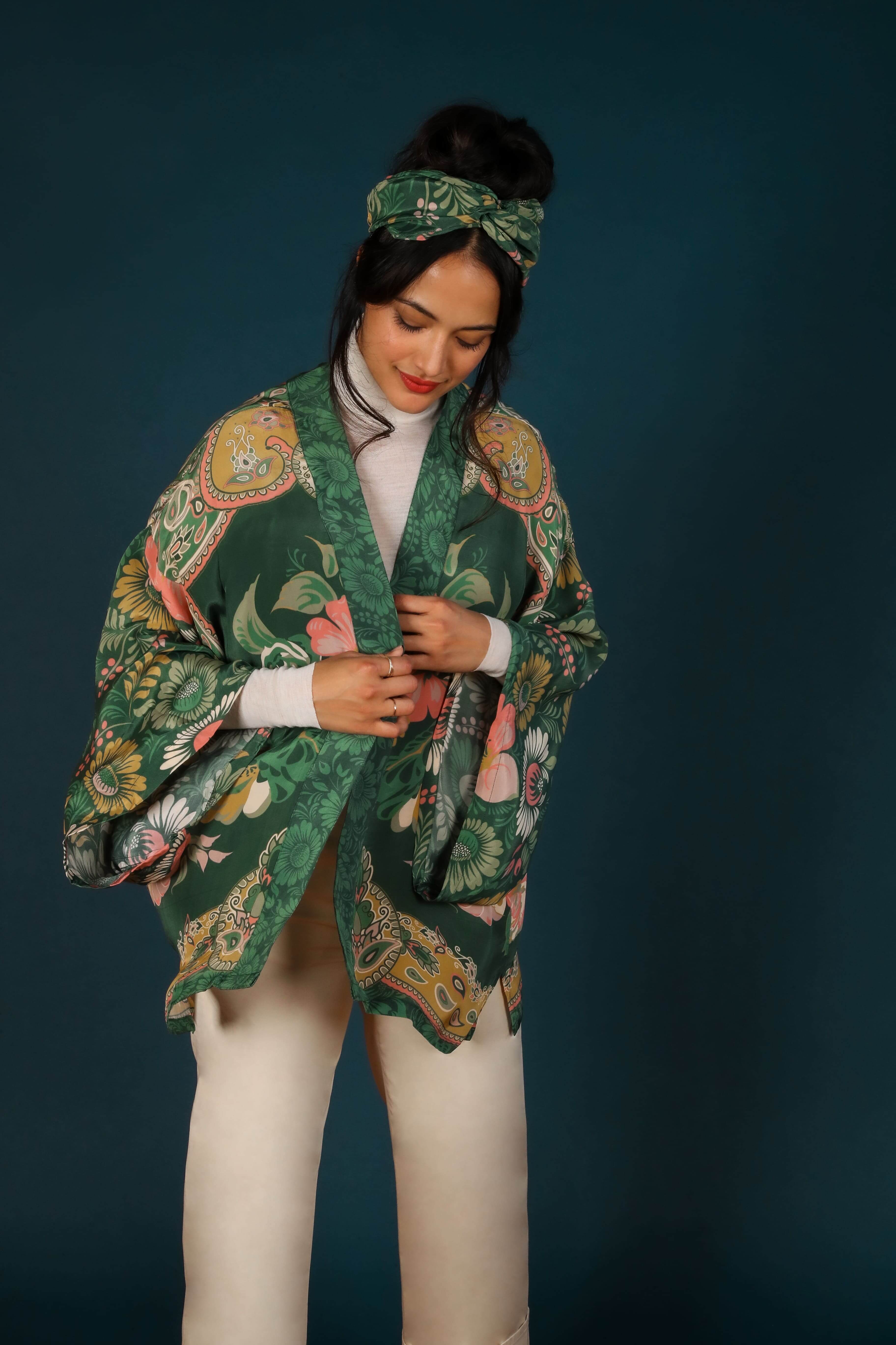 Luxury Kimono Jacket Folk Art Floral - Fern