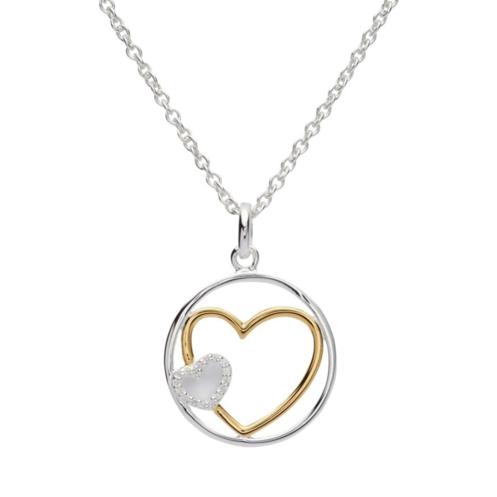 Sterling Silver 925 Hearts In Circle Pendant with Yellow Gold Plating and CZ