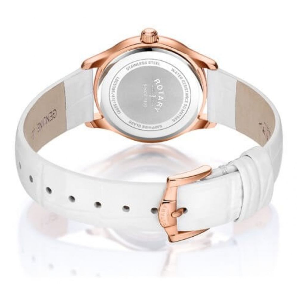 Rose Gold Tone Case With Stones Around White Dial & White Leather Strap Ladies Oxford Watch