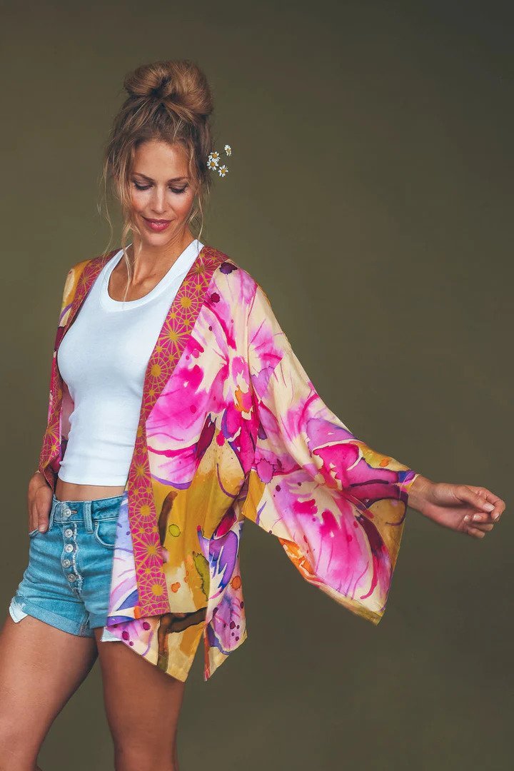 PRINTED KIMONO JACKET - Mustard Orchid