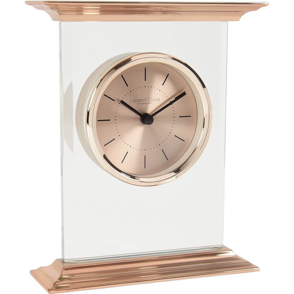 Flat Top Metal & Glass Mantel Clock Rose Gold