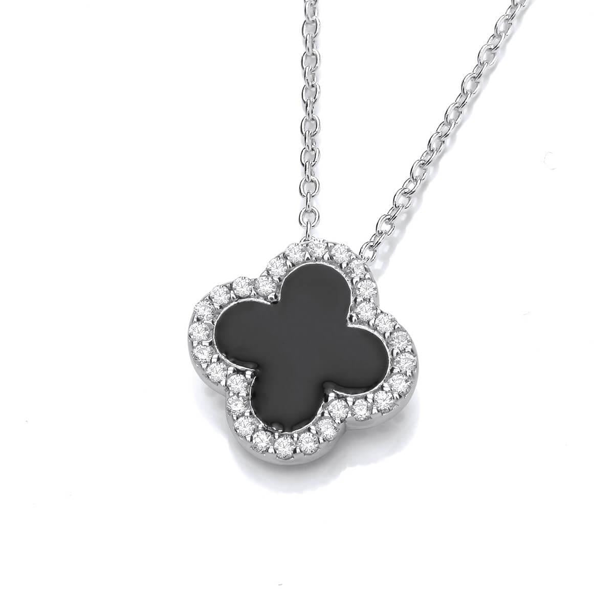 Silver & Black Enamel Modern Vintage Clover Necklace