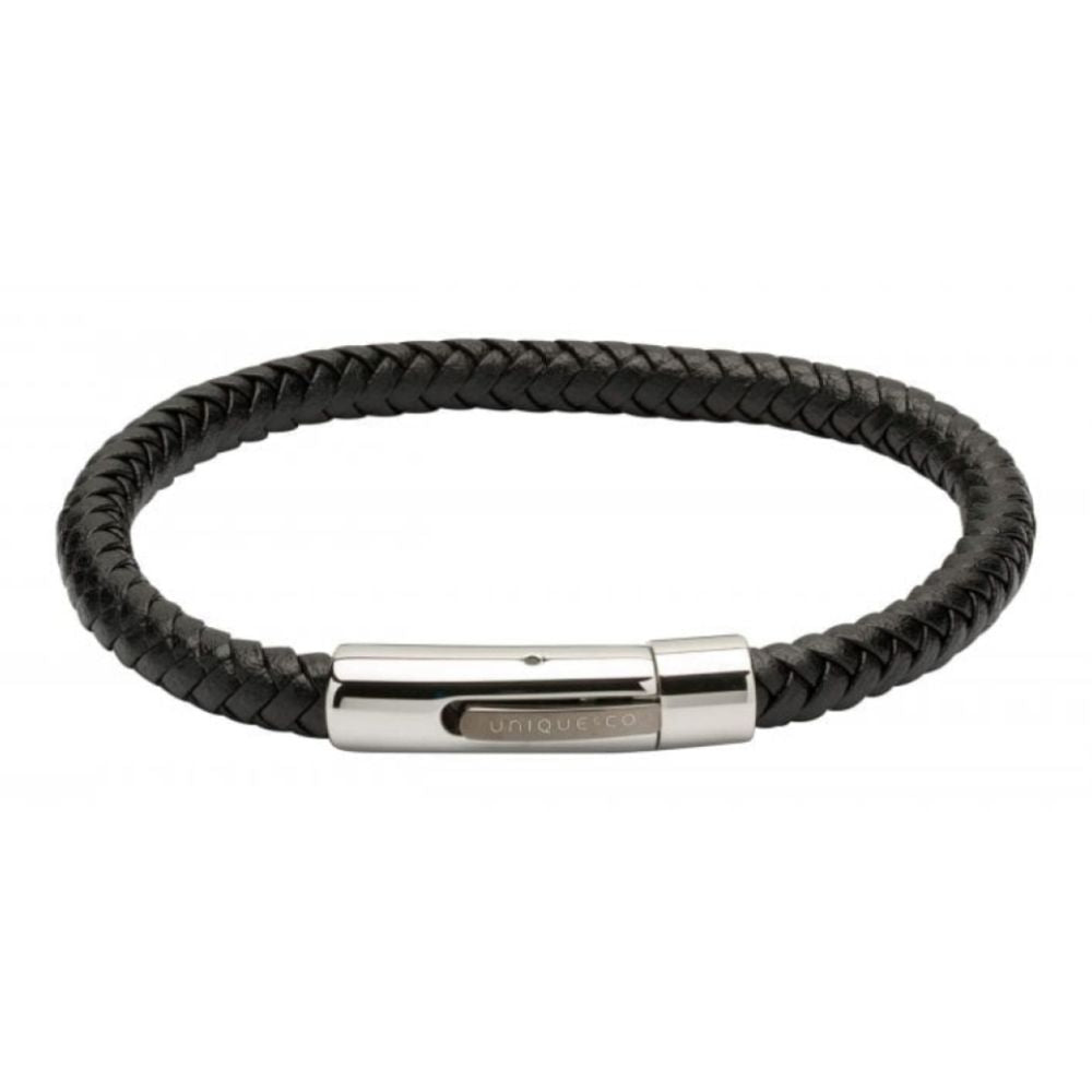 Black Leather Bracelet-Steel Clasp-Gun-Metal I.P. Plating