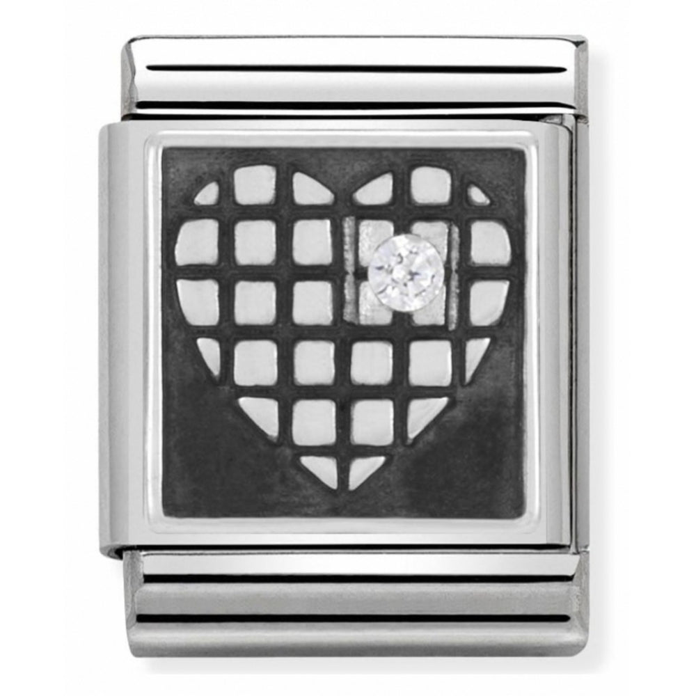 Composable Big Stainless Steel, Sterling Silver, Enamel & A White Cubic Zirconia Heart With Grid Charm