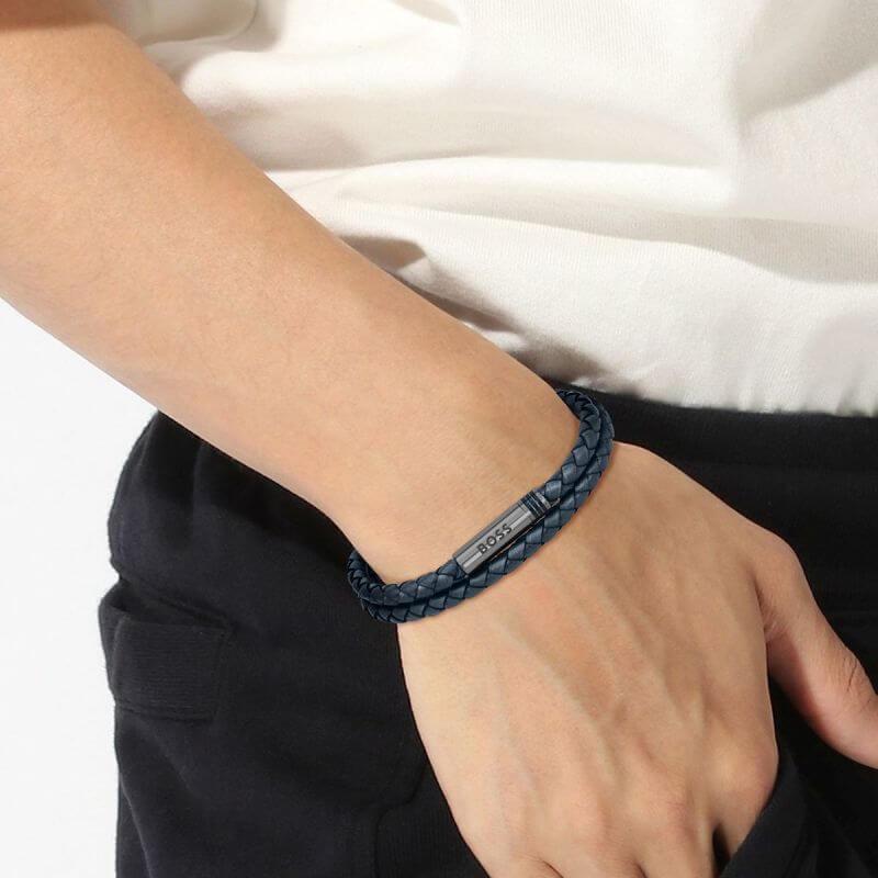 Ares Navy Blue Double Wrap Leather Mens Bracelet