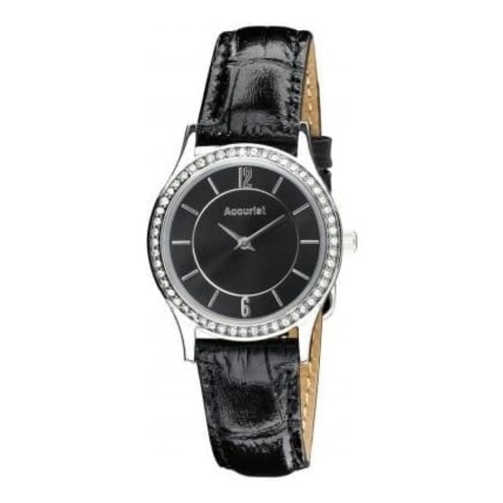 Ladies Black Textured Leather & Crystals Watch