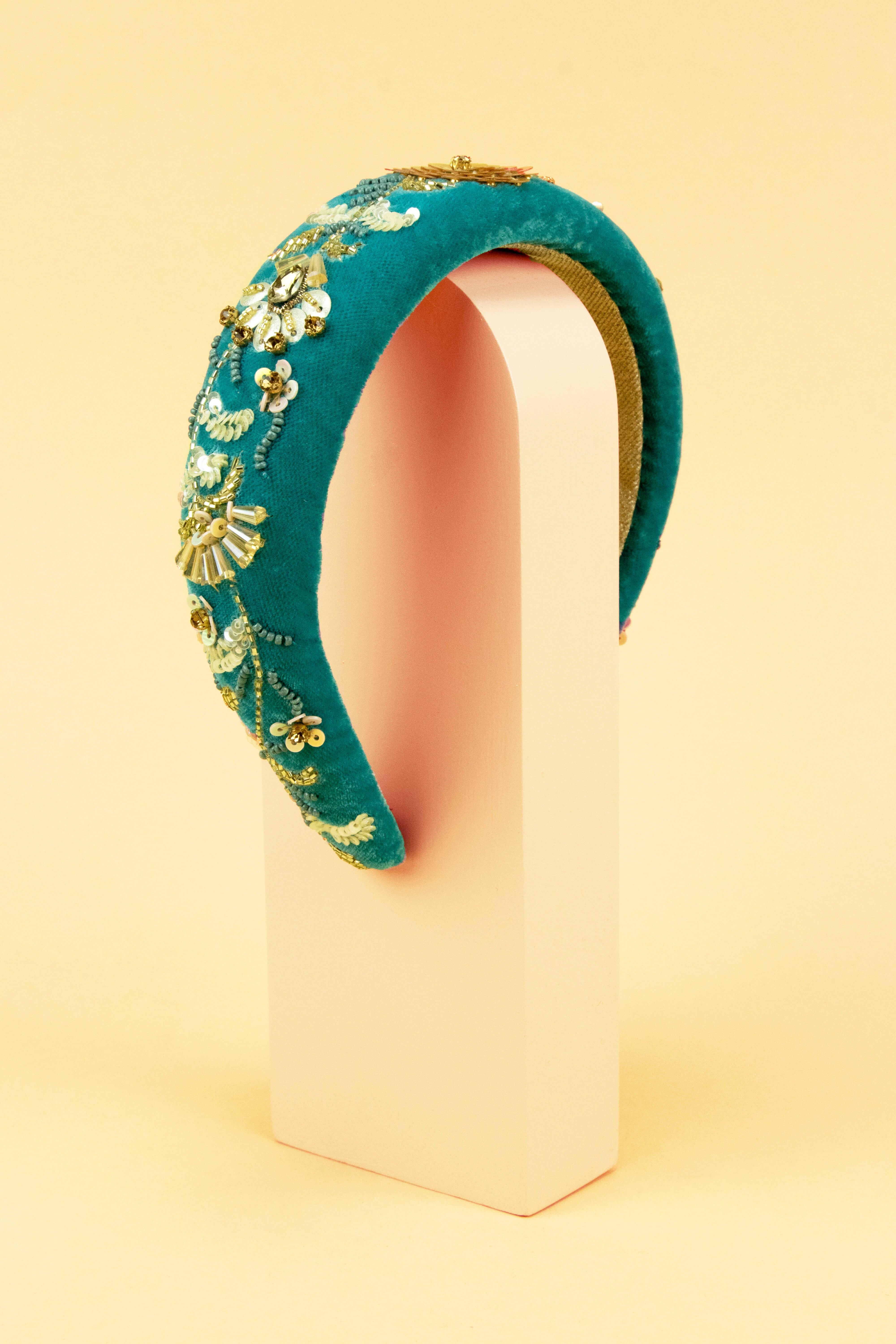 Velvet Beaded Padded Headband- Teal